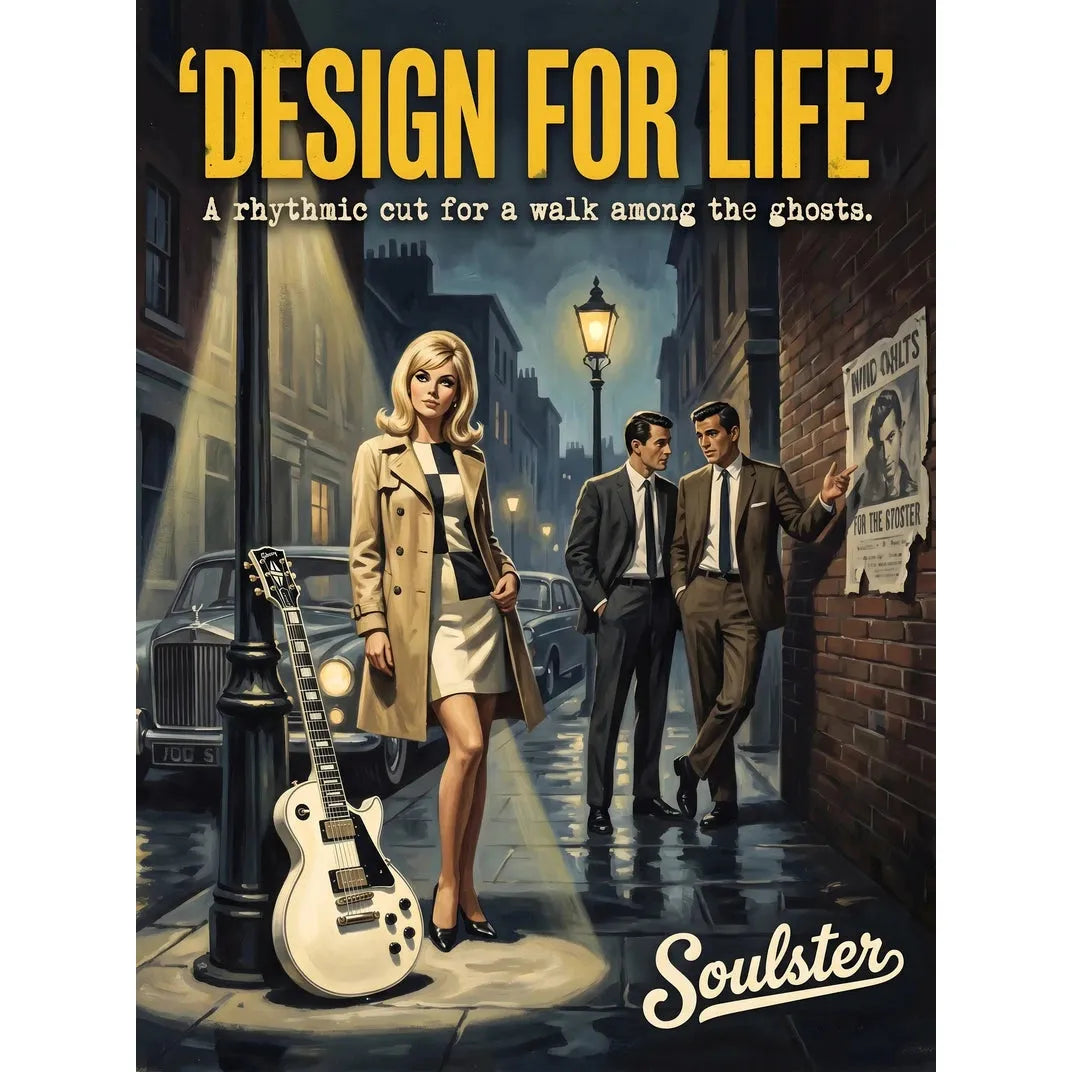 Soulster cinematic vintage pulp book cover art print illustration styled in a classic 1960s design layout inspired by Design For Life.