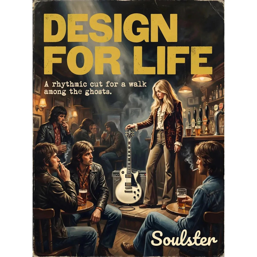 Soulster cinematic vintage pulp book cover art print illustration styled in a classic 1970s design layout inspired by Design For Life.