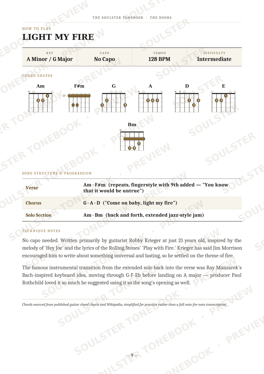 A printed sheet music page for the song 'Light My Fire' by John Mayer, showing chord diagrams, song structure and progression, lyrics, and biographical notes on a white background with faint diagonal watermark text.