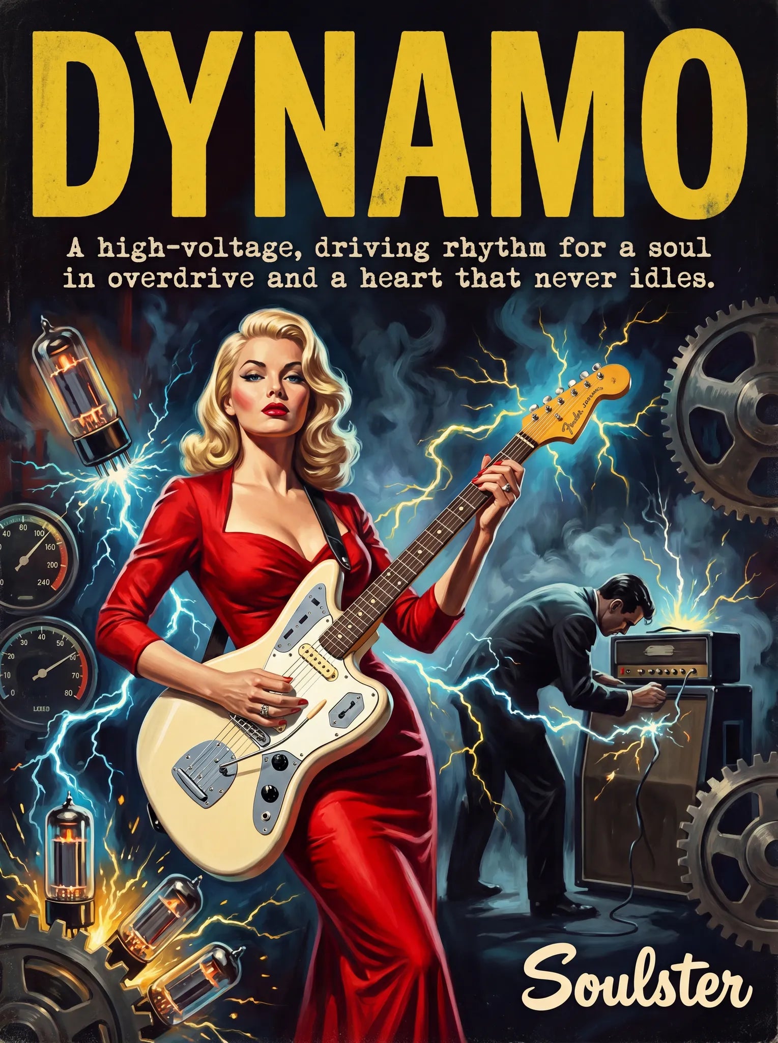 Soulster cinematic vintage pulp book cover art print illustration styled in a classic 1950s design layout inspired by Dynamo.