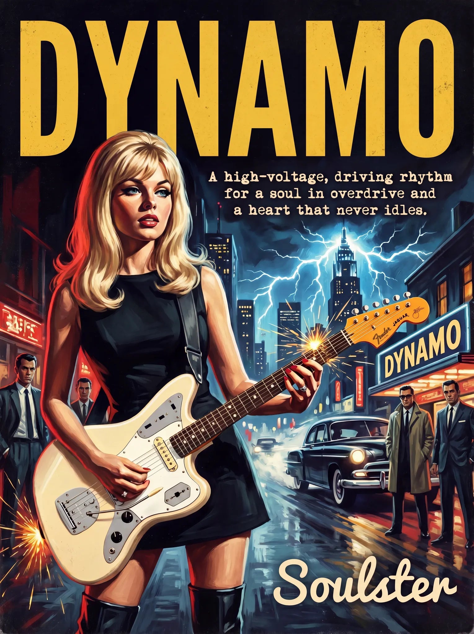 Soulster cinematic vintage pulp book cover art print illustration styled in a classic 1960s design layout inspired by Dynamo.