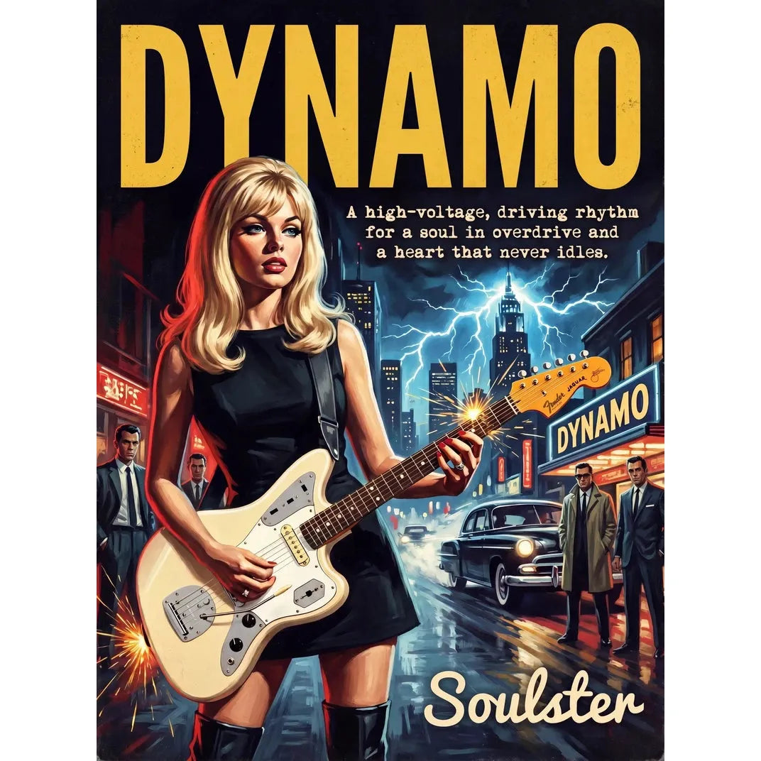 Soulster cinematic vintage pulp book cover art print illustration styled in a classic 1960s design layout inspired by Dynamo.