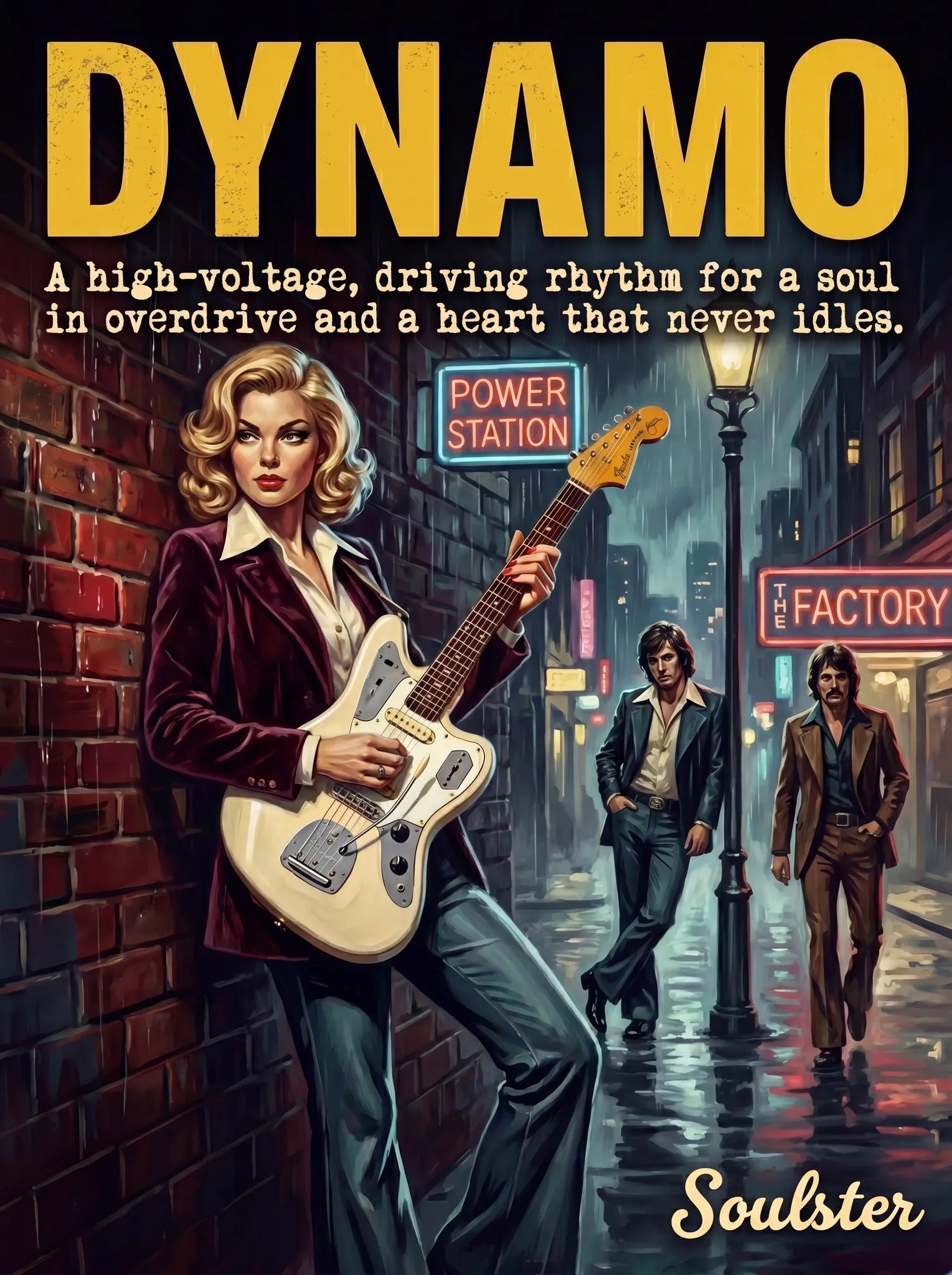 Soulster cinematic vintage pulp book cover art print illustration styled in a classic 1970s design layout inspired by Dynamo.