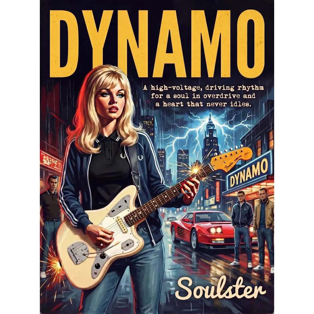 Soulster retro pulp thriller book cover style art print illustration inspired by Johnny Marr - Dynamo.