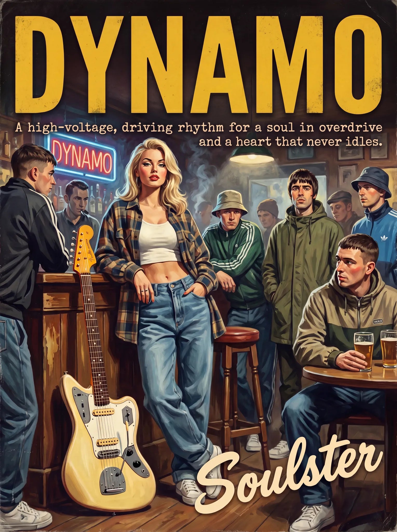 Soulster cinematic vintage pulp book cover art print illustration styled in a classic 1990s design layout inspired by Dynamo.