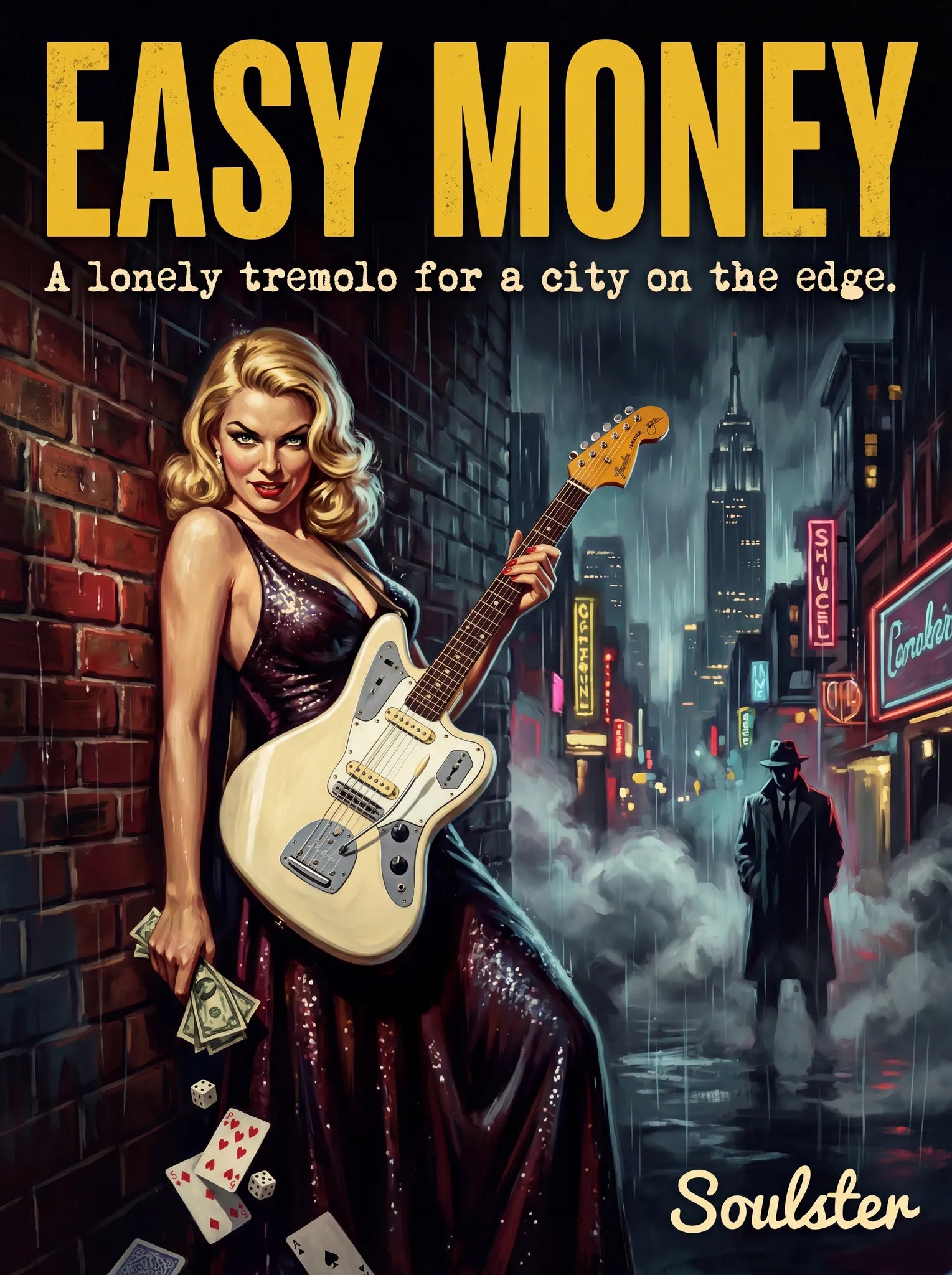 Soulster cinematic vintage pulp book cover art print illustration styled in a classic 1950s design layout inspired by Easy Money.