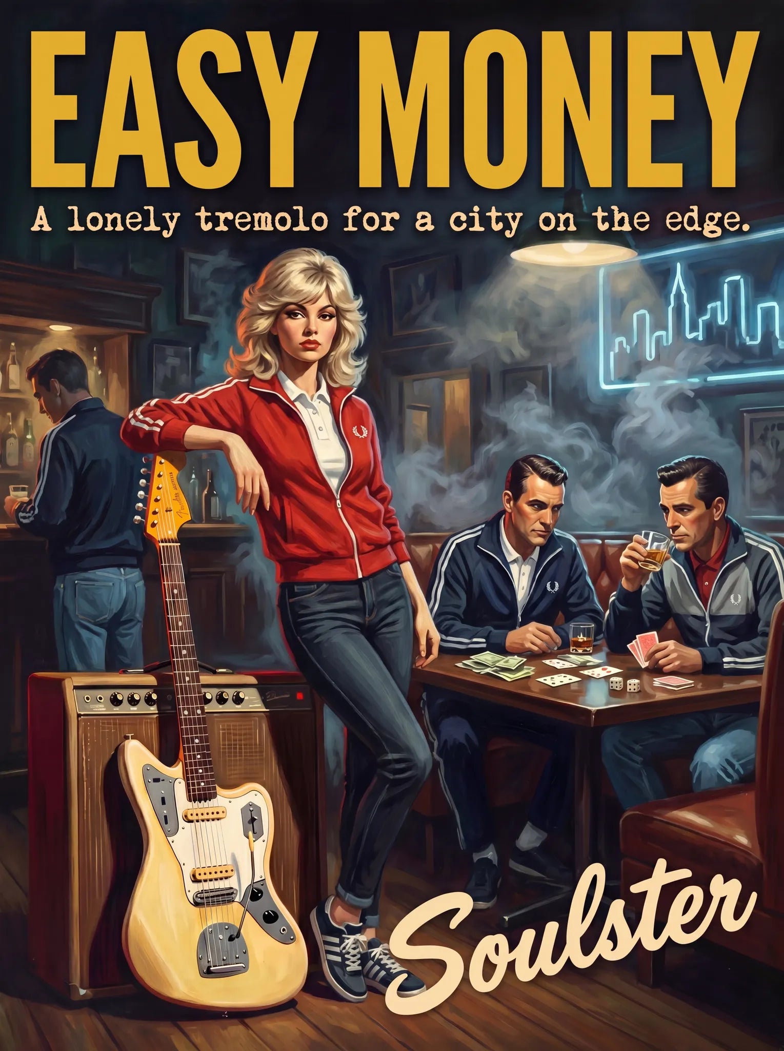 Soulster retro pulp thriller book cover style art print illustration inspired by Johnny Marr - Easy Money.