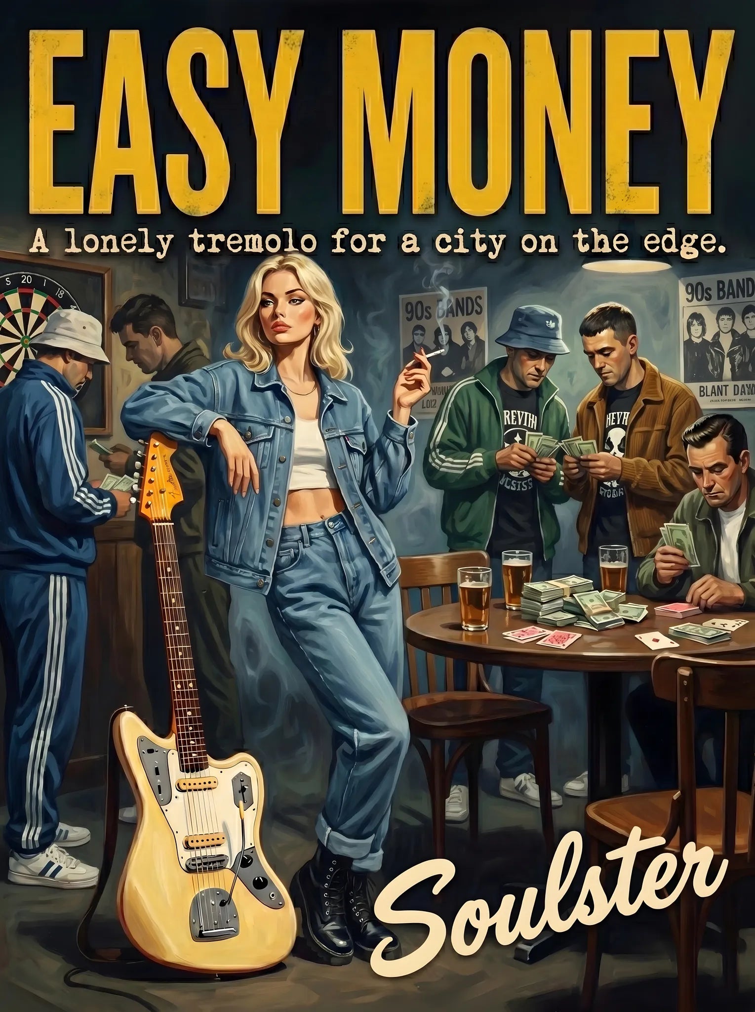 Soulster cinematic vintage pulp book cover art print illustration styled in a classic 1990s design layout inspired by Easy Money.