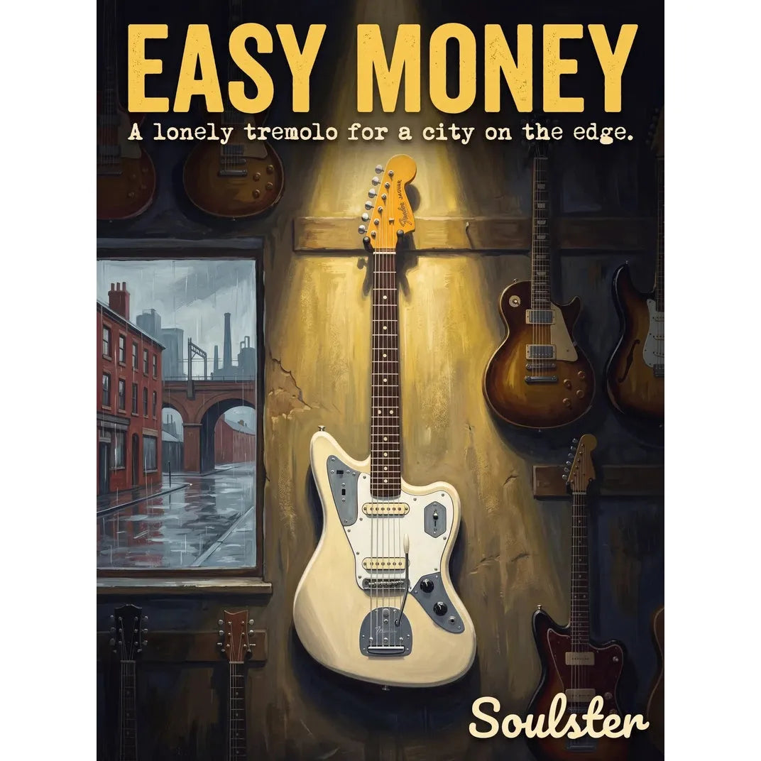 Soulster Manchester Edition wall art print showing a cinematic pulp style design of a Vintage Guitar inspired by Easy Money.