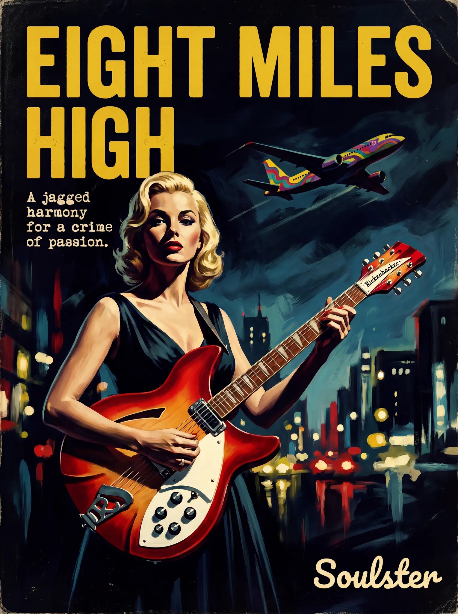 Soulster cinematic vintage pulp book cover art print illustration styled in a classic 1950s design layout inspired by Eight Miles High.