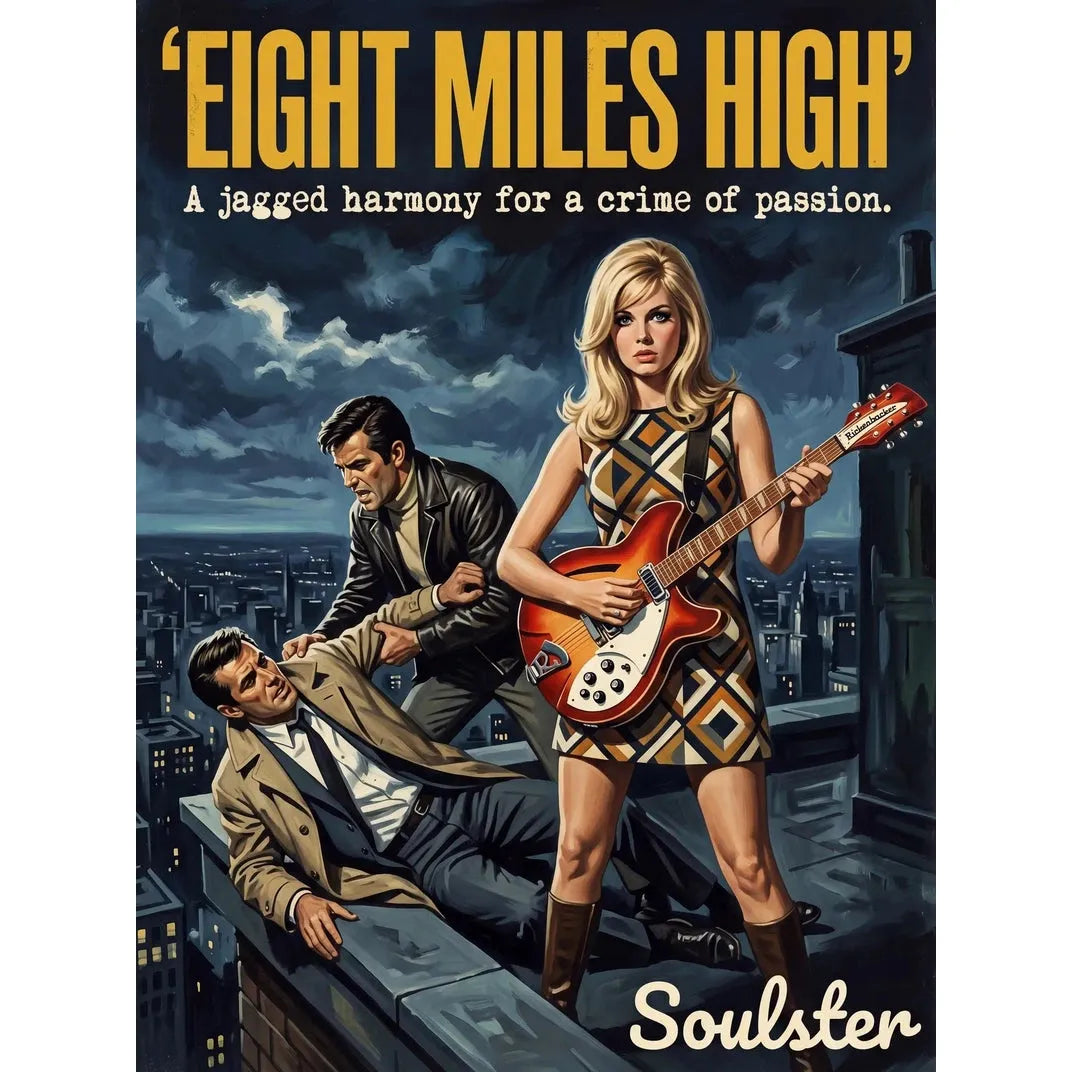 Soulster cinematic vintage pulp book cover art print illustration styled in a classic 1960s design layout inspired by Eight Miles High.