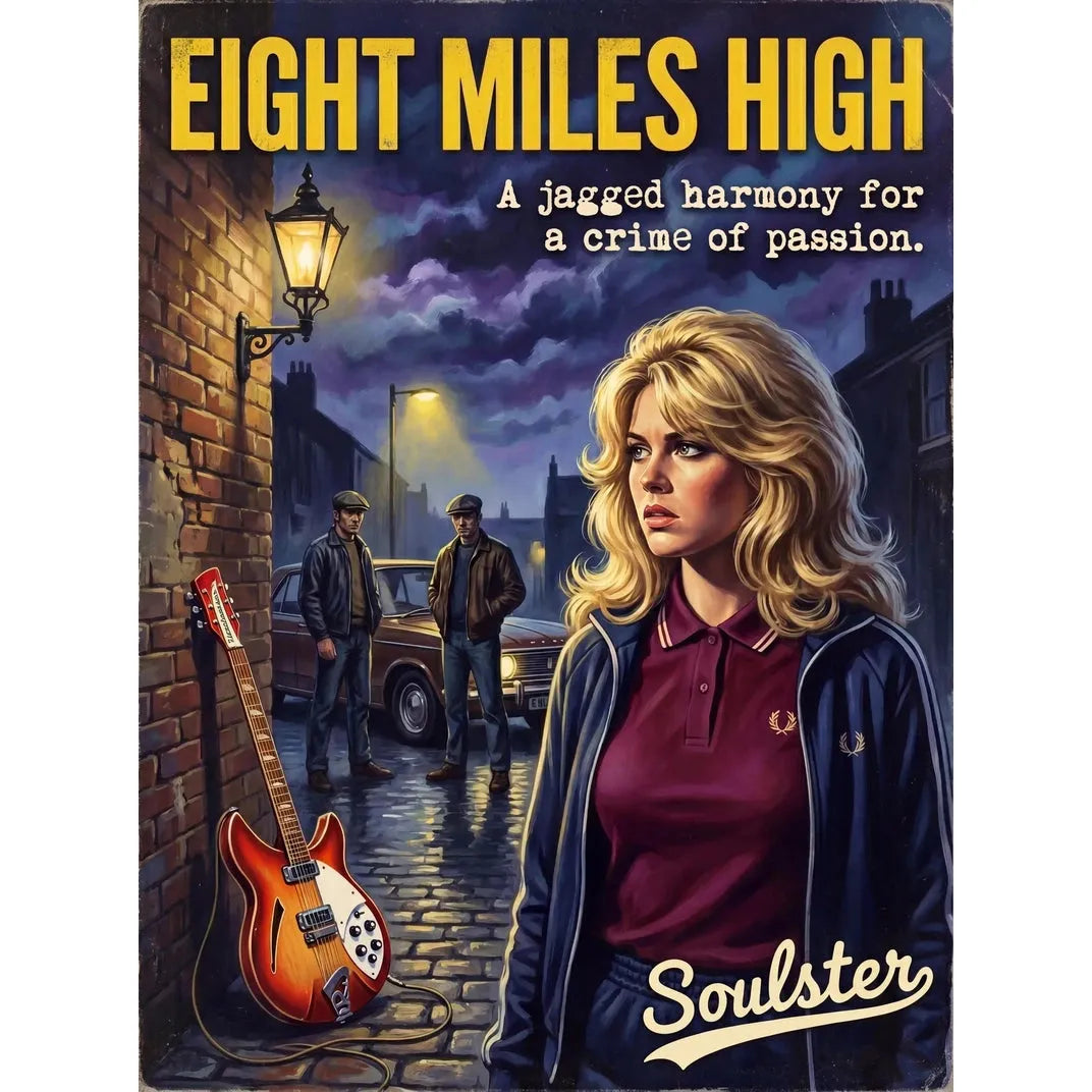 Soulster retro pulp thriller book cover style art print illustration inspired by Alternative Indie - Eight Miles High.