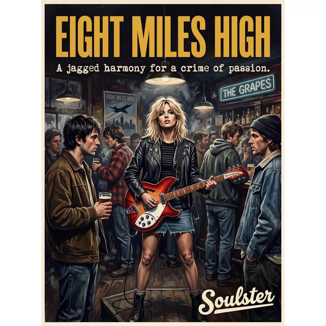 Soulster cinematic vintage pulp book cover art print illustration styled in a classic 1990s design layout inspired by Eight Miles High.
