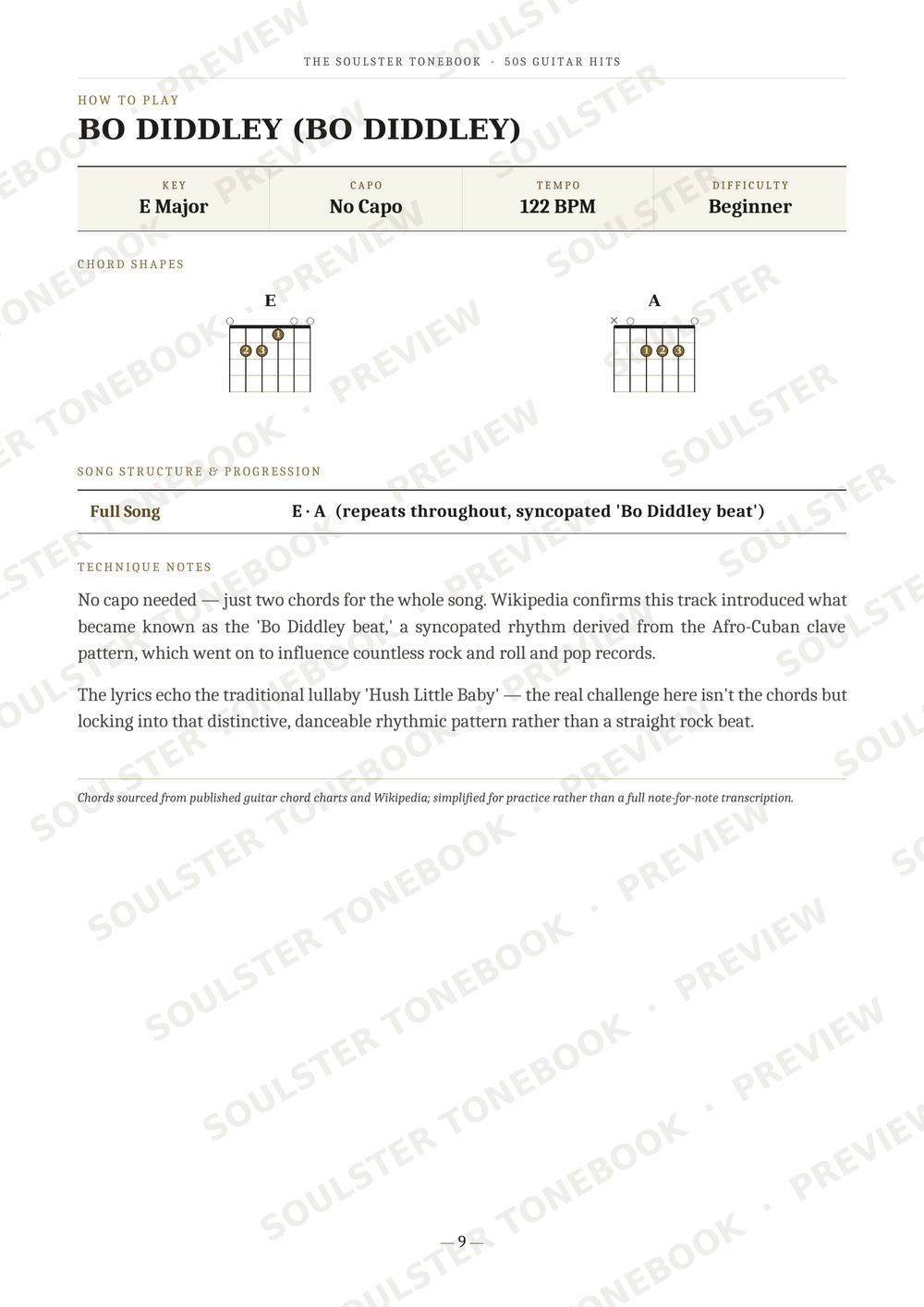 A page from a Soulster Tone Book guide titled 'BO DIDDLEY (BO DIDDLEY)', showing guitar chord diagrams, chord symbols, full lyrics, and instructional notes for playing the song.