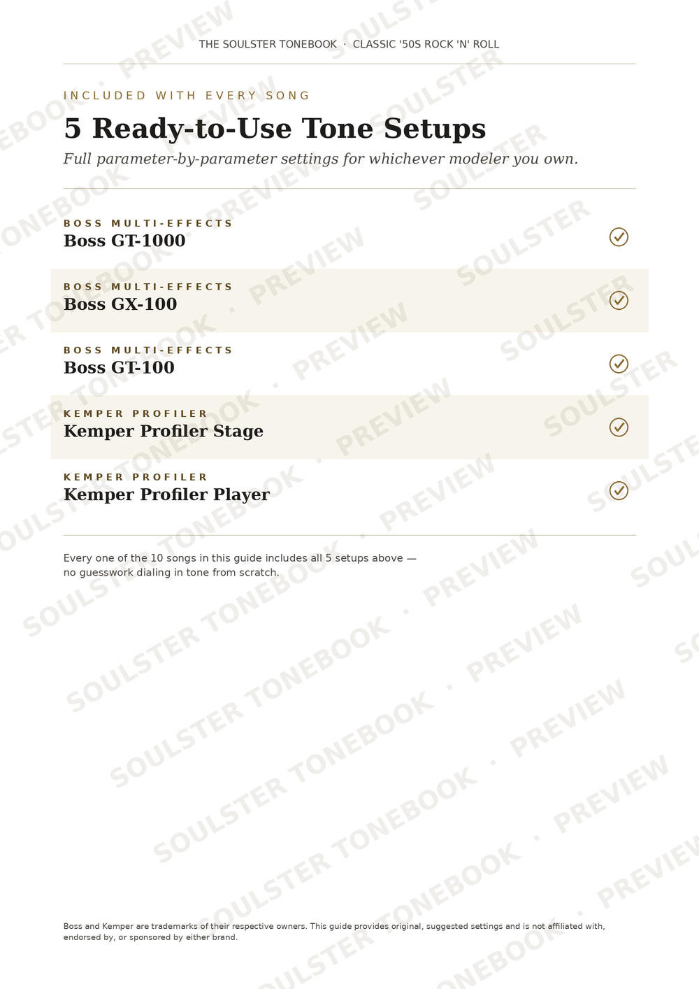 A digital preview page for a software guide titled '5 Ready-to-Use Tone Setsups' by The Soulster Tonebook, showing compatibility lists for Boss multi-effects units and Kemper profilers with checkmarks on a white background with diagonal watermarks.