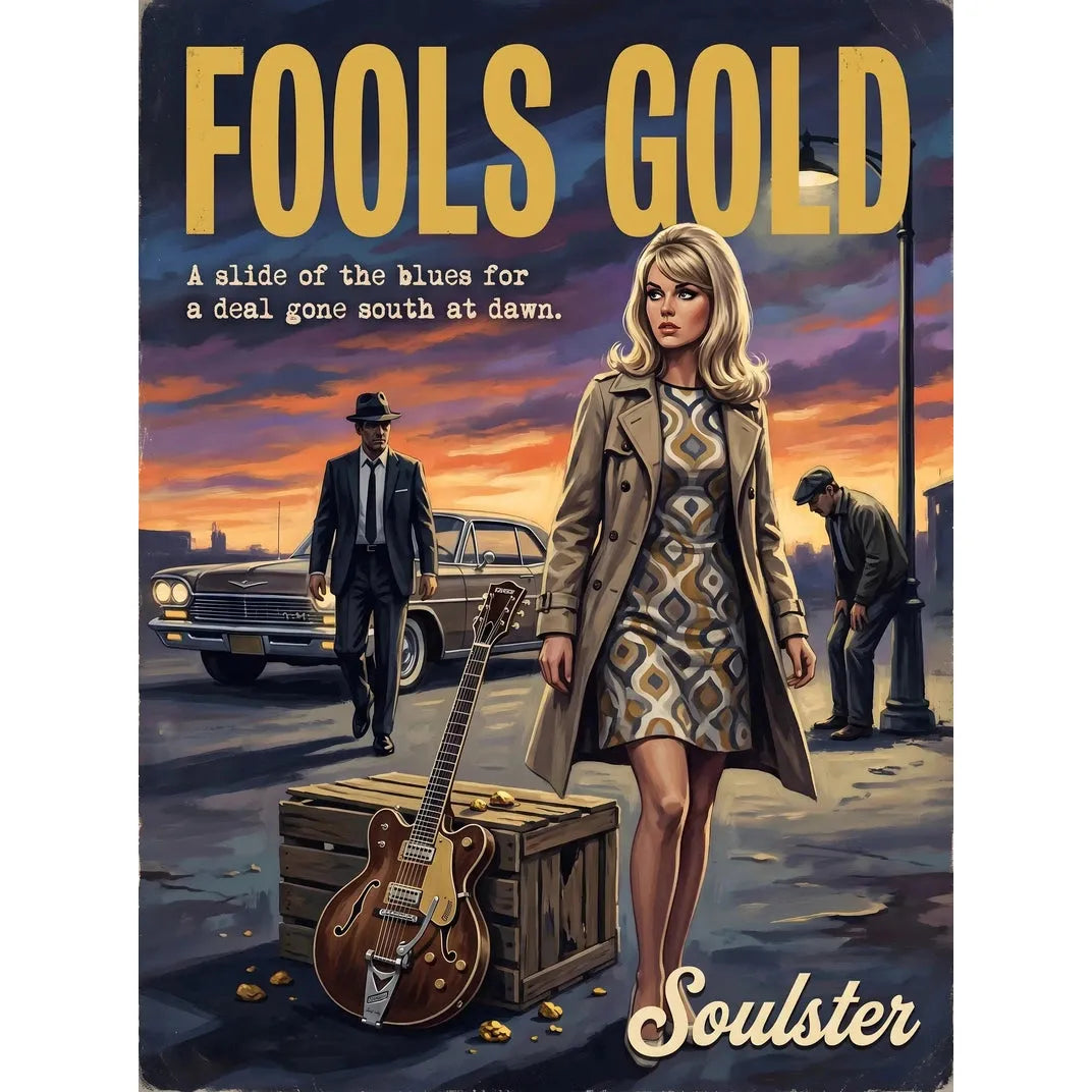 Soulster cinematic vintage pulp book cover art print illustration styled in a classic 1960s design layout inspired by Fools Gold.