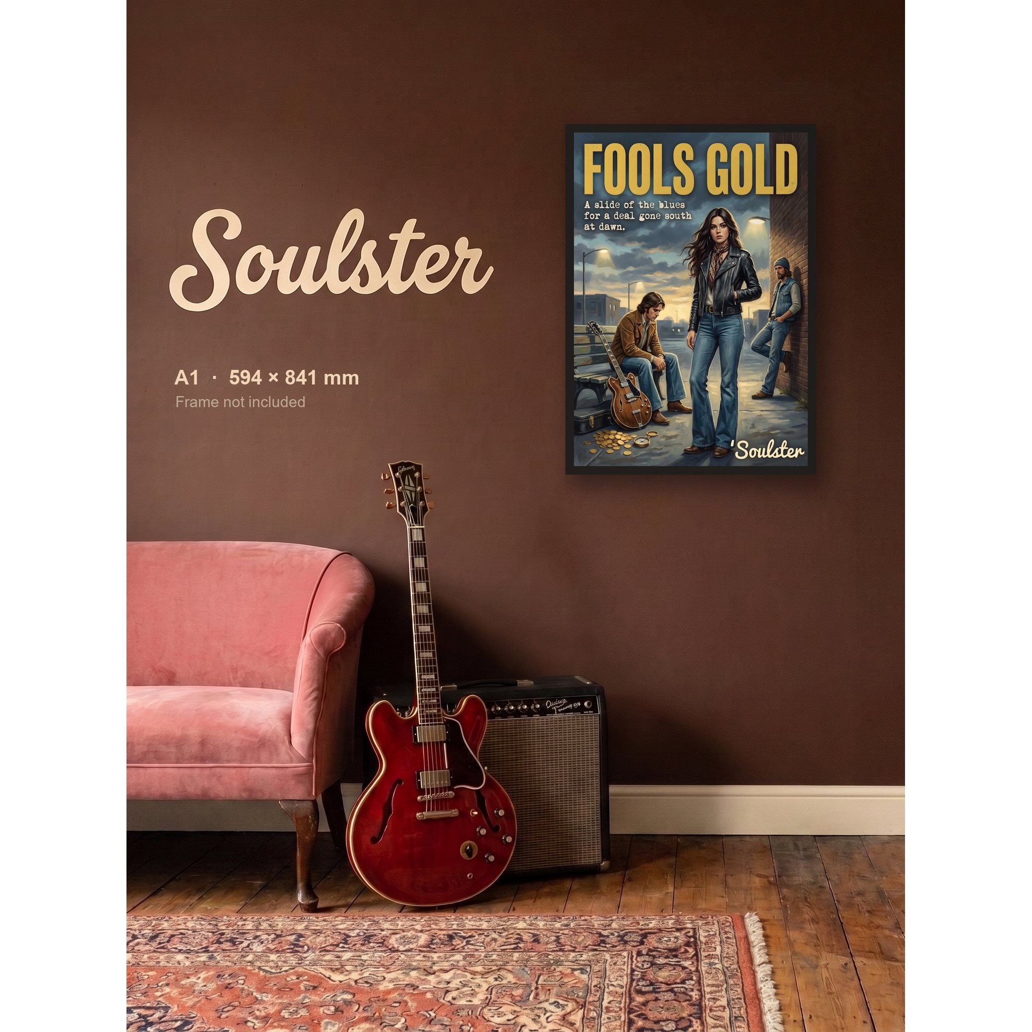 Fools Gold - 1970s Print shown framed on a wall in A1 size. Frame not included.