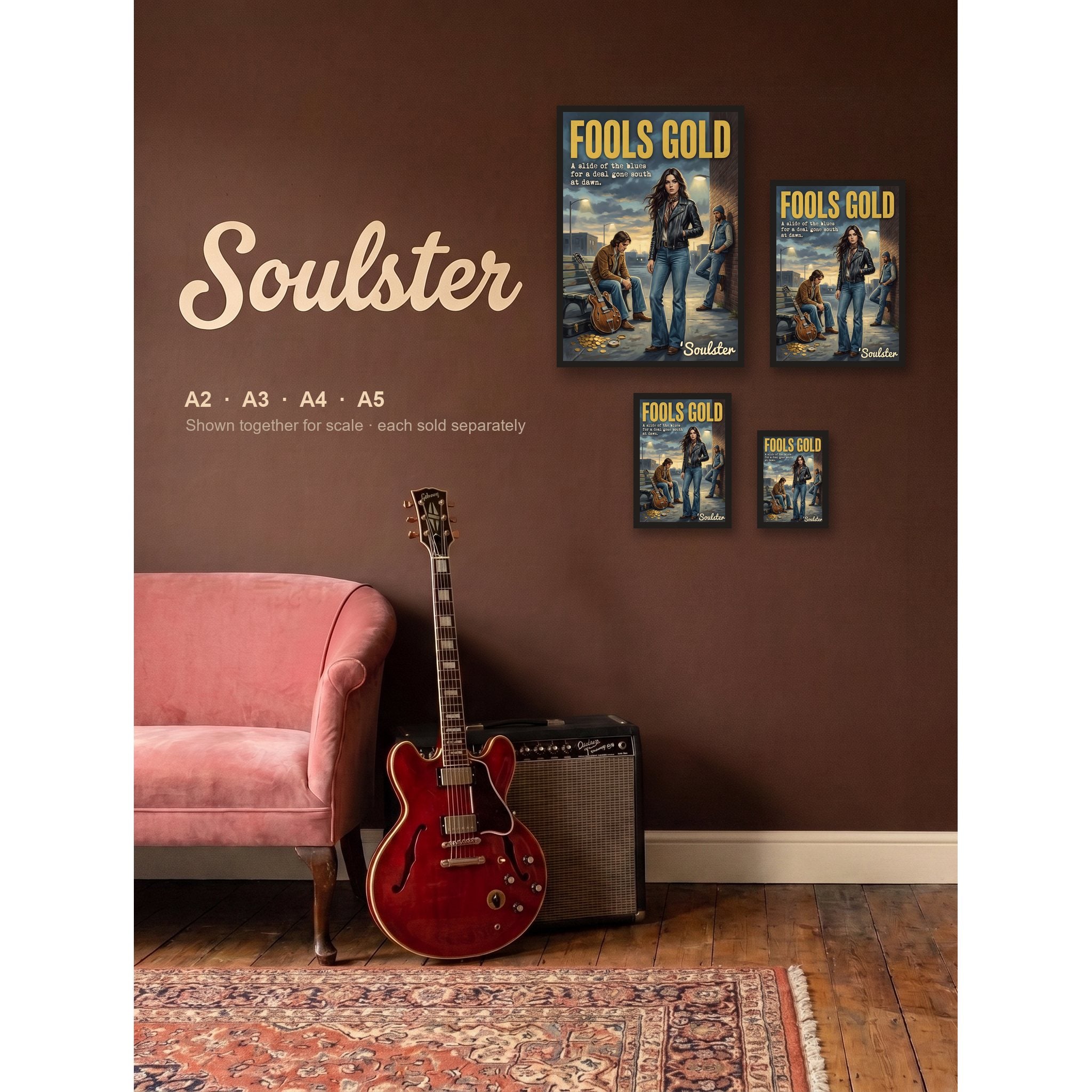 Fools Gold - 1970s Print shown in A2, A3, A4 and A5 sizes together for scale.