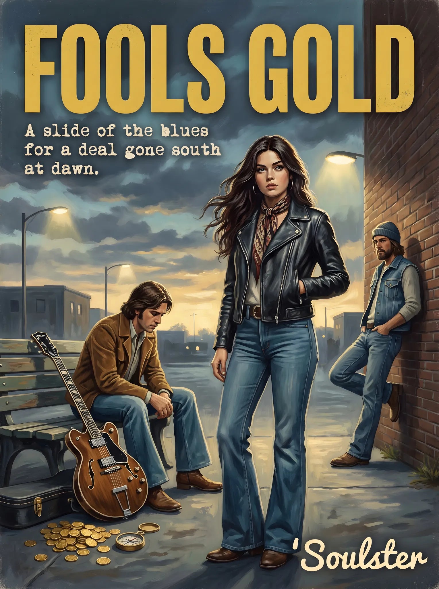 Soulster cinematic vintage pulp book cover art print illustration styled in a classic 1970s design layout inspired by Fools Gold.