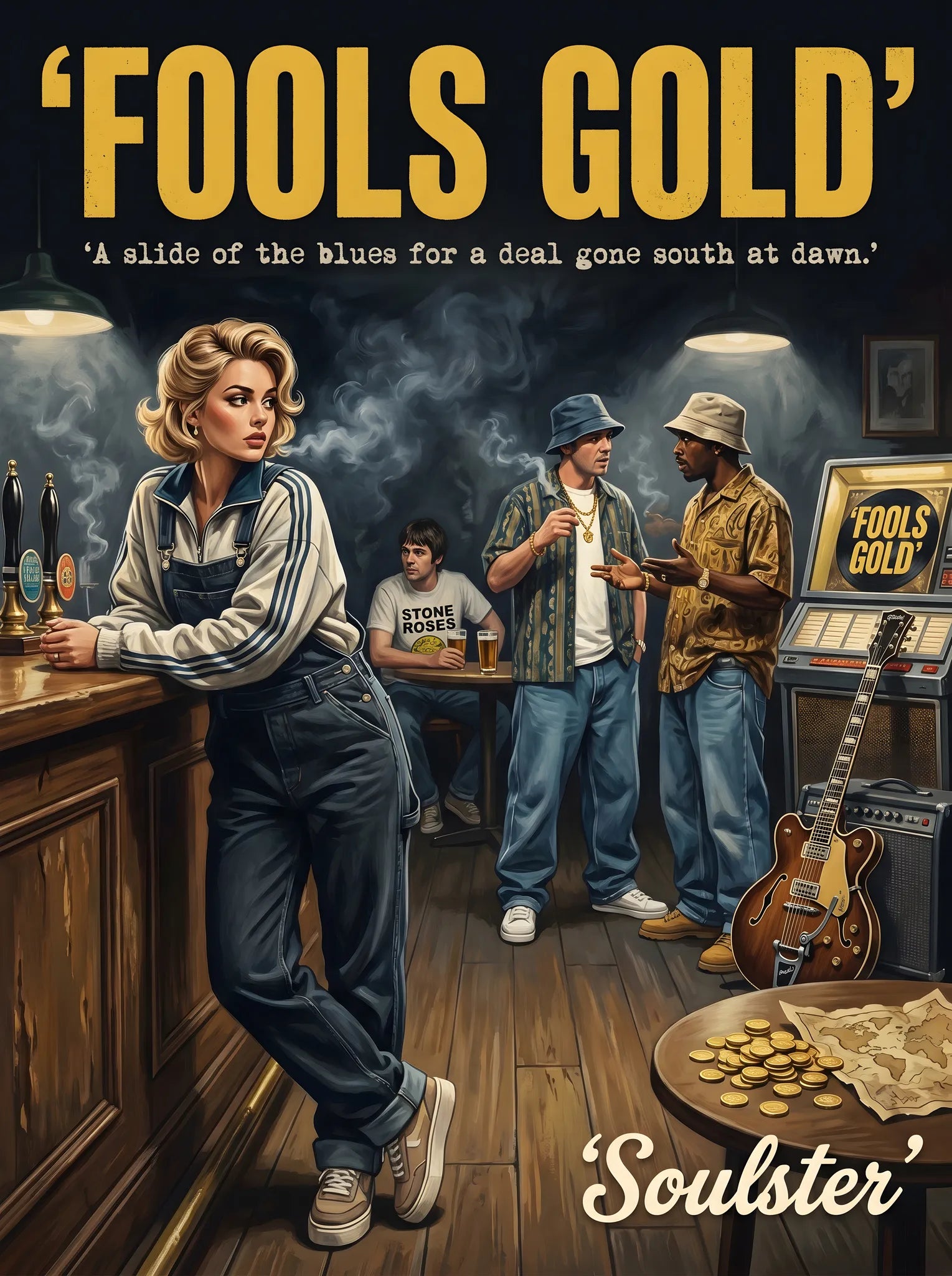 Soulster cinematic vintage pulp book cover art print illustration styled in a classic 1990s design layout inspired by Fools Gold.