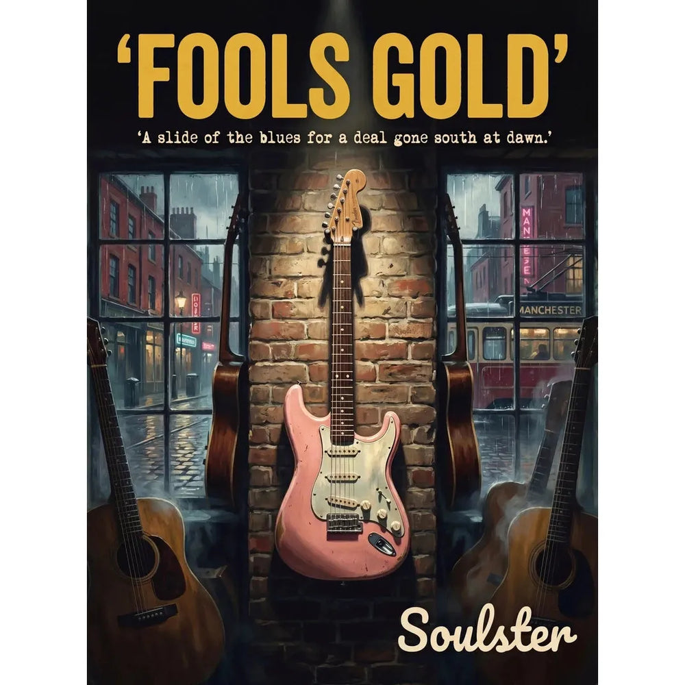 Soulster Manchester Edition wall art print showing a cinematic pulp style design of a Vintage Guitar inspired by Fools Gold.