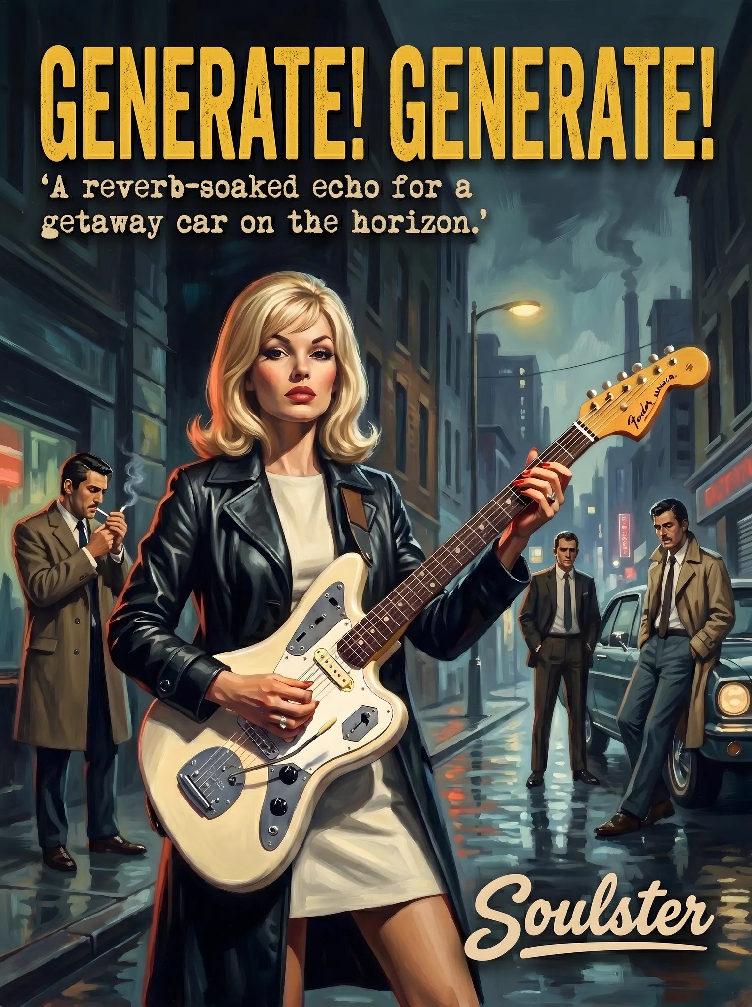 Soulster cinematic vintage pulp book cover art print illustration styled in a classic 1960s design layout inspired by Generate! Generate!.