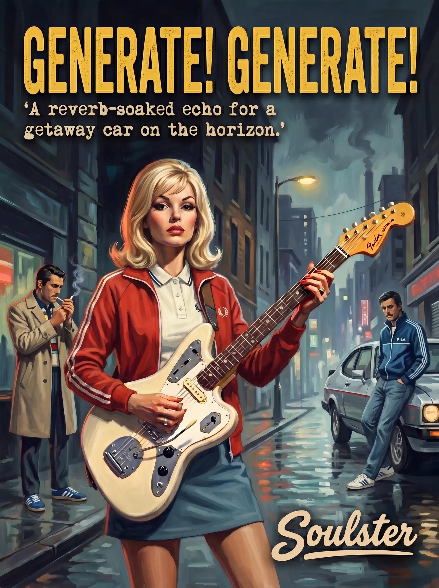 Soulster retro pulp thriller book cover style art print illustration inspired by Johnny Marr - Generate! Generate!.