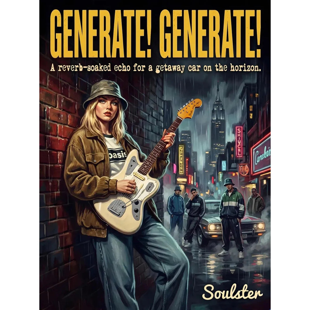Soulster cinematic vintage pulp book cover art print illustration styled in a classic 1990s design layout inspired by Generate! Generate!.