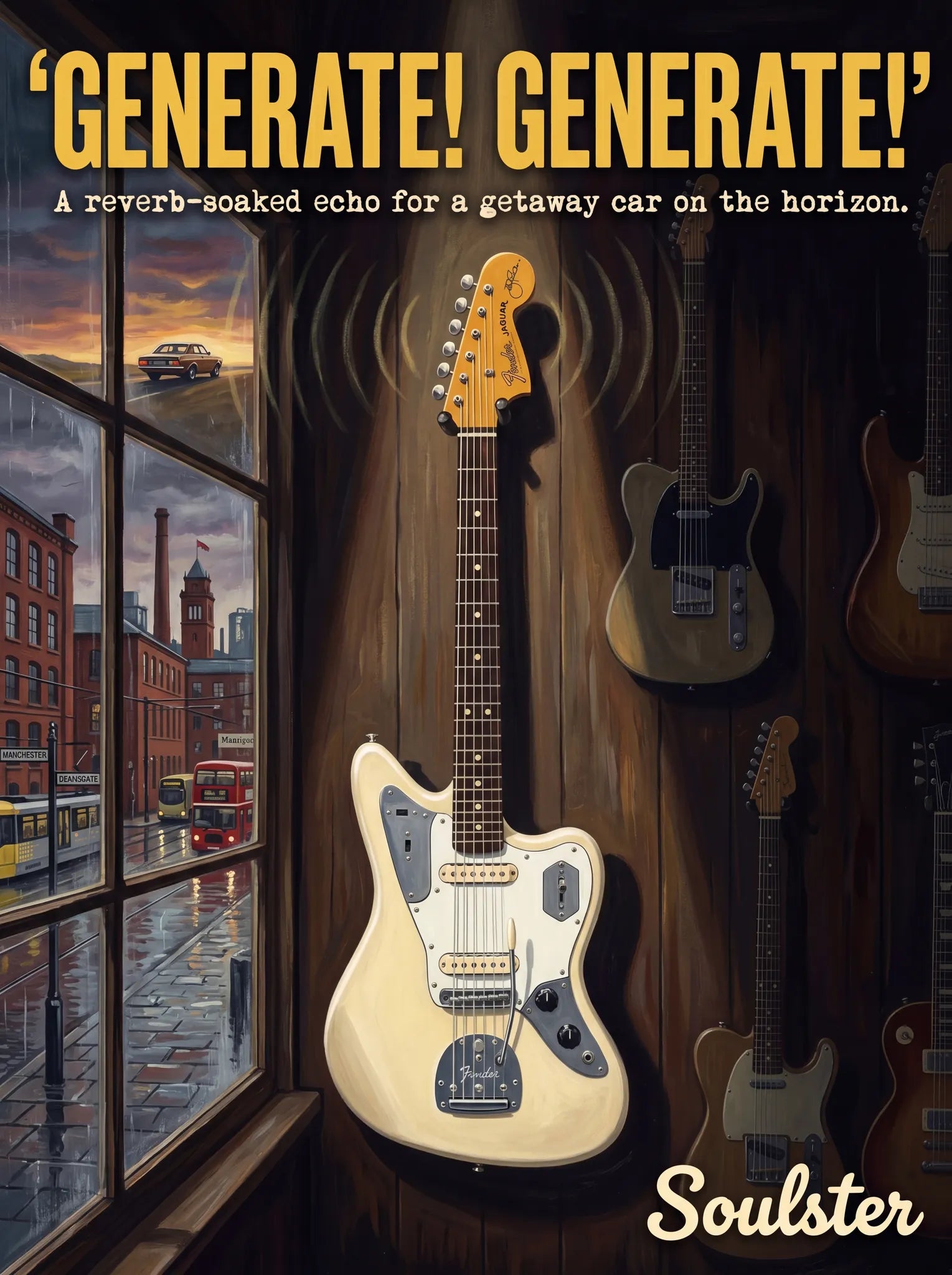 Soulster Manchester Edition wall art print showing a cinematic pulp style design of a Vintage Guitar inspired by Generate! Generate!.