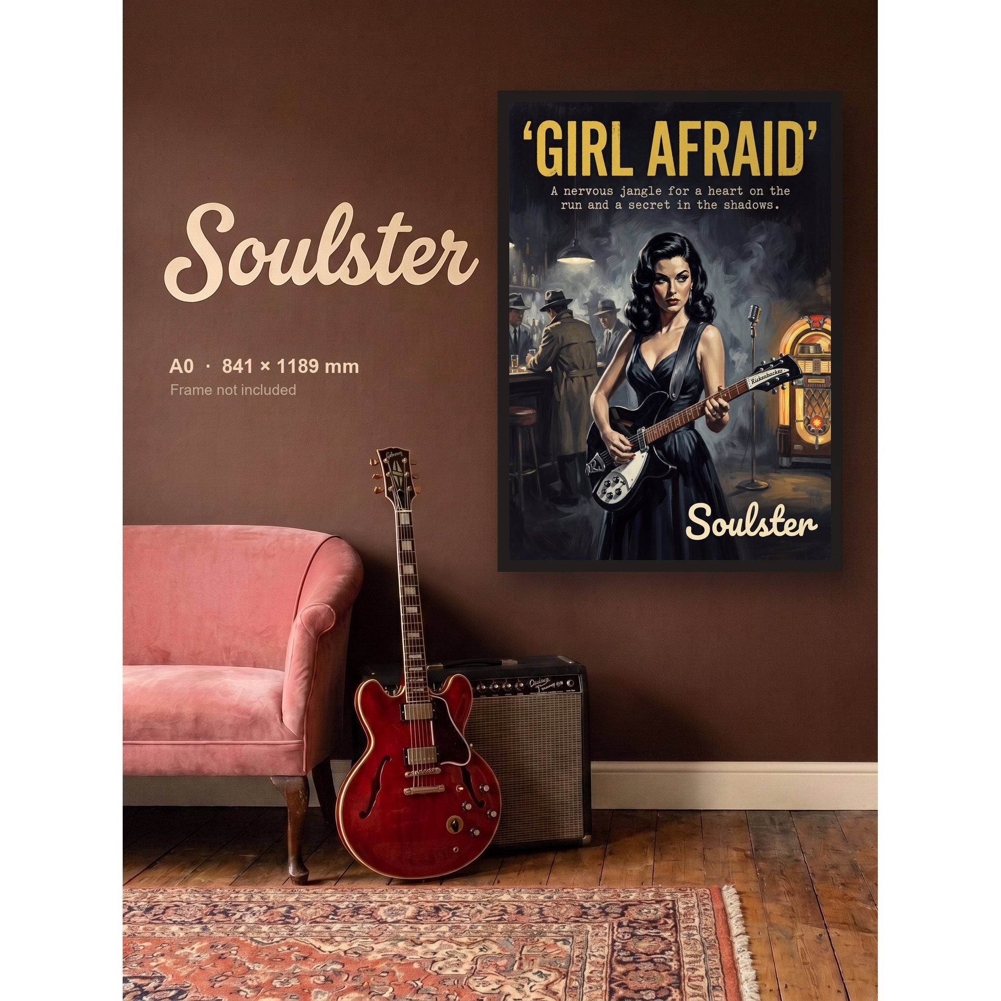 Girl Afraid - 1950s Print shown framed on a wall in A0 size. Frame not included.