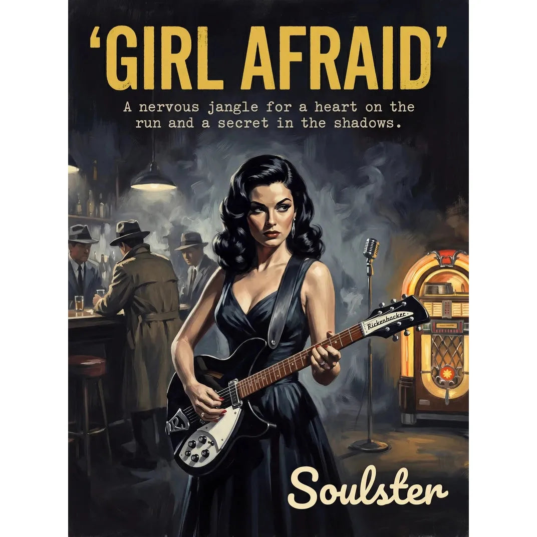 Soulster cinematic vintage pulp book cover art print illustration styled in a classic 1950s design layout inspired by Girl Afraid.