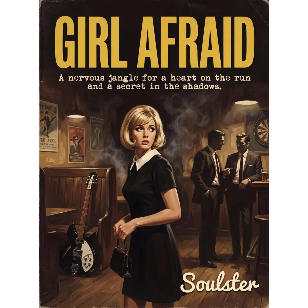 Soulster cinematic vintage pulp book cover art print illustration styled in a classic 1960s design layout inspired by Girl Afraid.