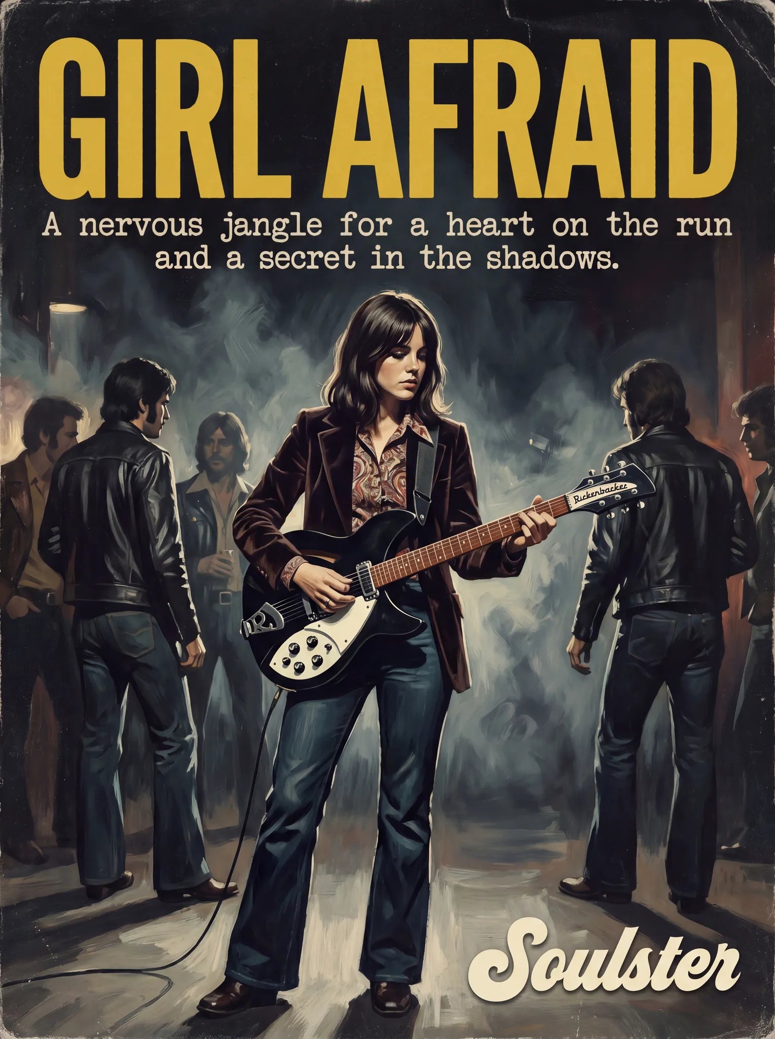 Soulster cinematic vintage pulp book cover art print illustration styled in a classic 1970s design layout inspired by Girl Afraid.