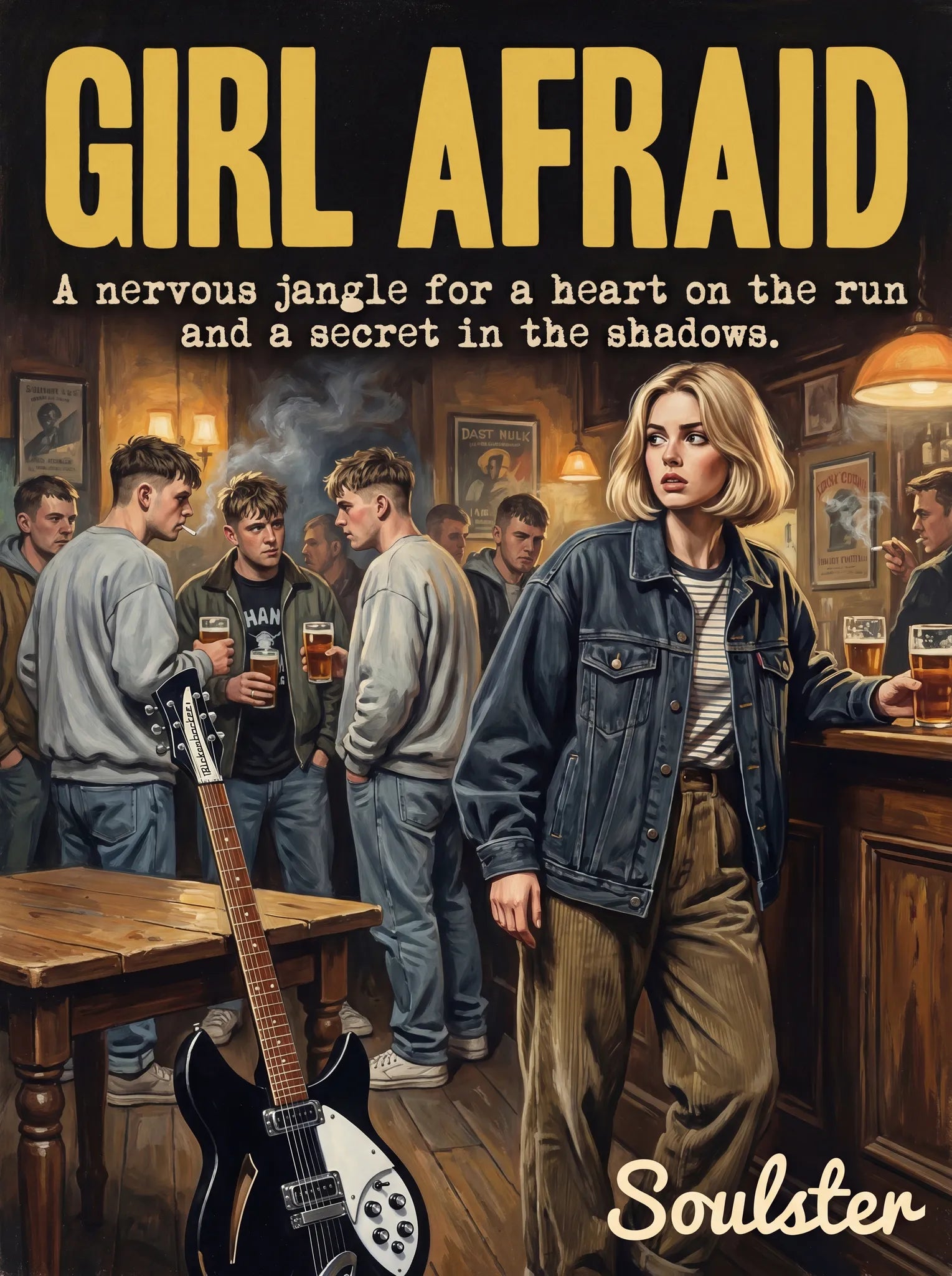 Soulster cinematic vintage pulp book cover art print illustration styled in a classic 1990s design layout inspired by Girl Afraid.