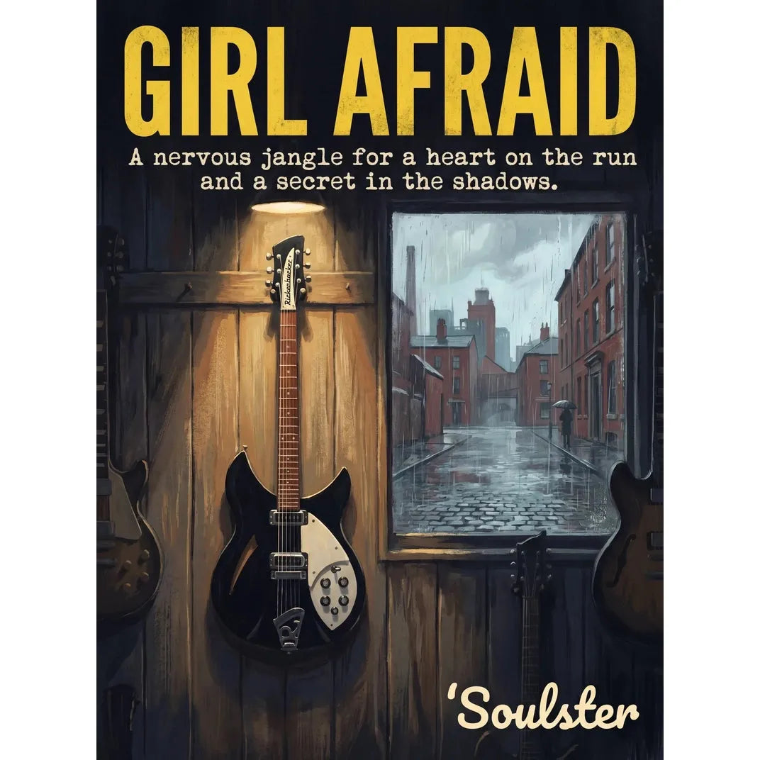 Soulster Manchester Edition wall art print showing a cinematic pulp style design of a Rickenbacker 330 inspired by Girl Afraid.
