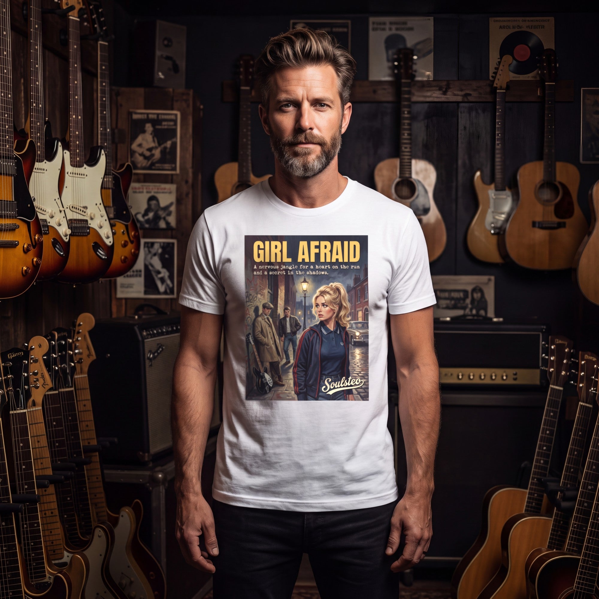 Man wearing the Girl Afraid T-Shirt - Kitchen Sink Edition among vintage guitars and amplifiers.