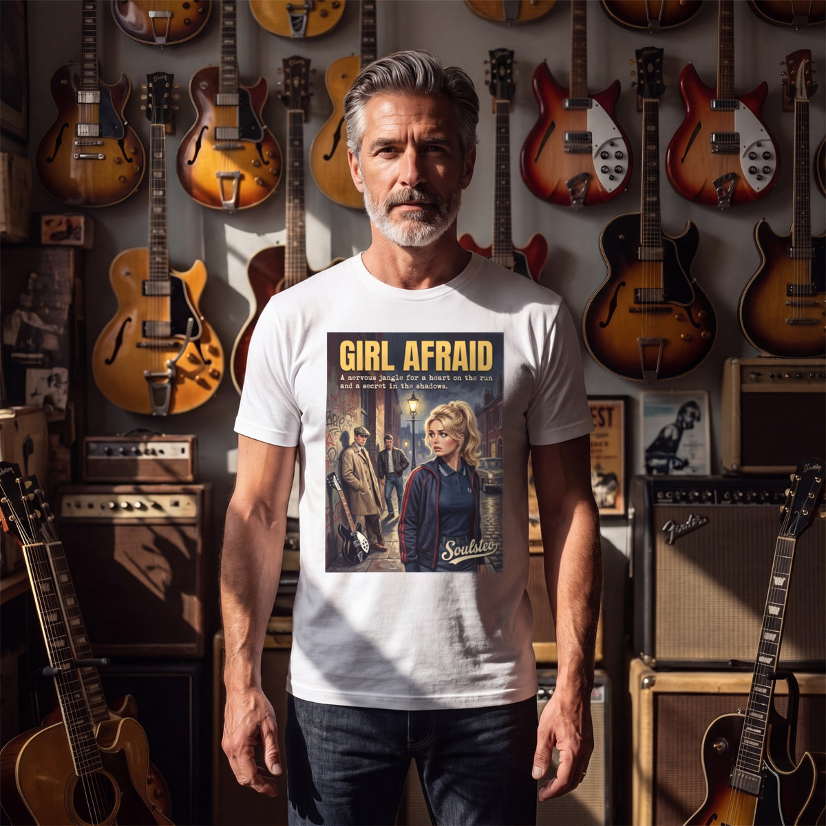 Man wearing the Girl Afraid T-Shirt - Kitchen Sink Edition in a guitar shop in natural daylight.