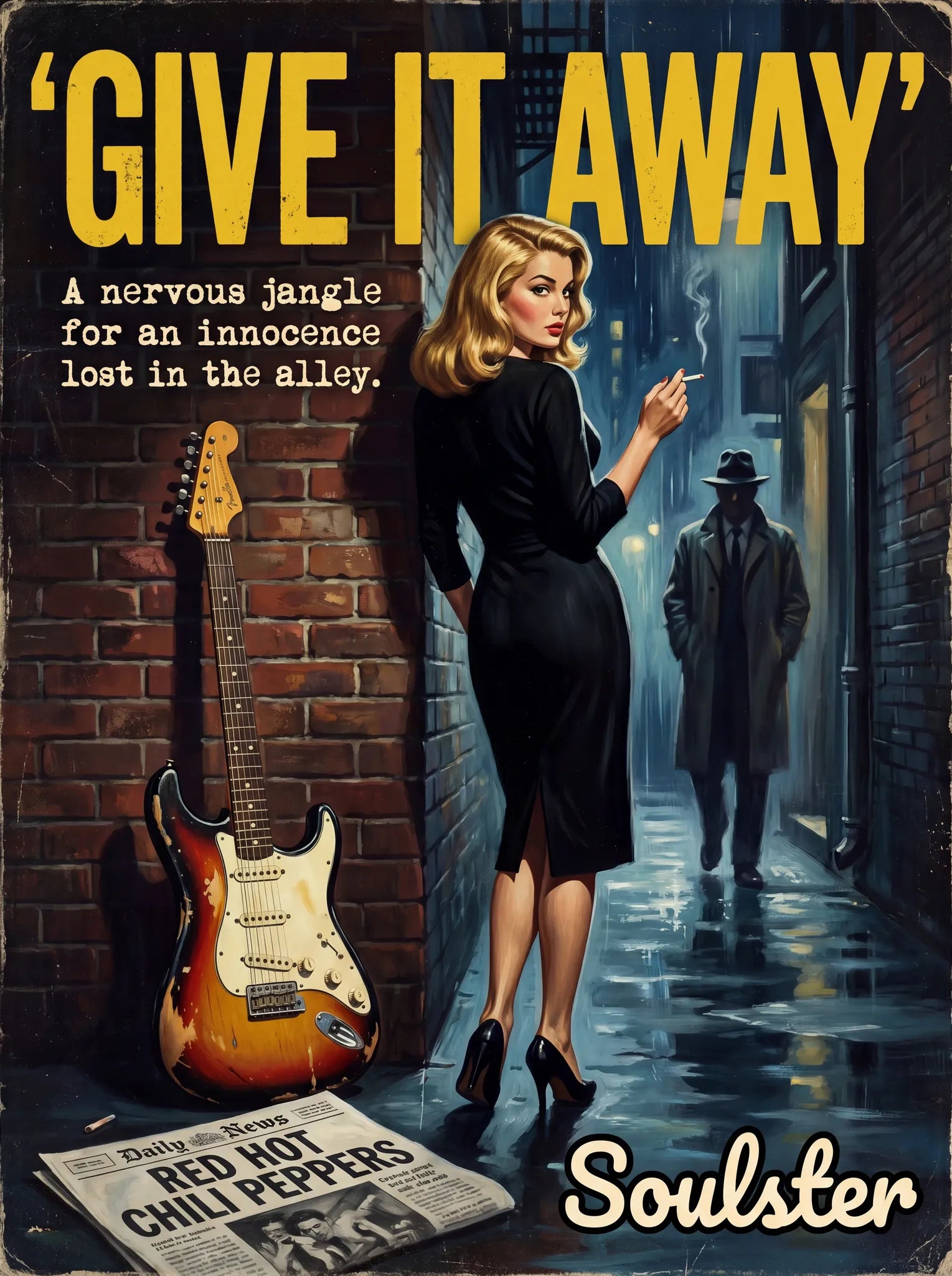 Soulster cinematic vintage pulp book cover art print illustration styled in a classic 1950s design layout inspired by Give It Away.