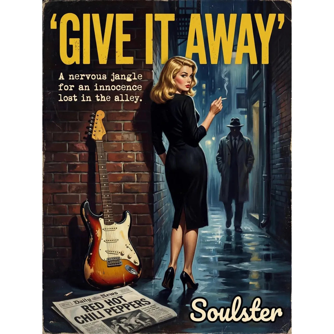 Soulster cinematic vintage pulp book cover art print illustration styled in a classic 1950s design layout inspired by Give It Away.