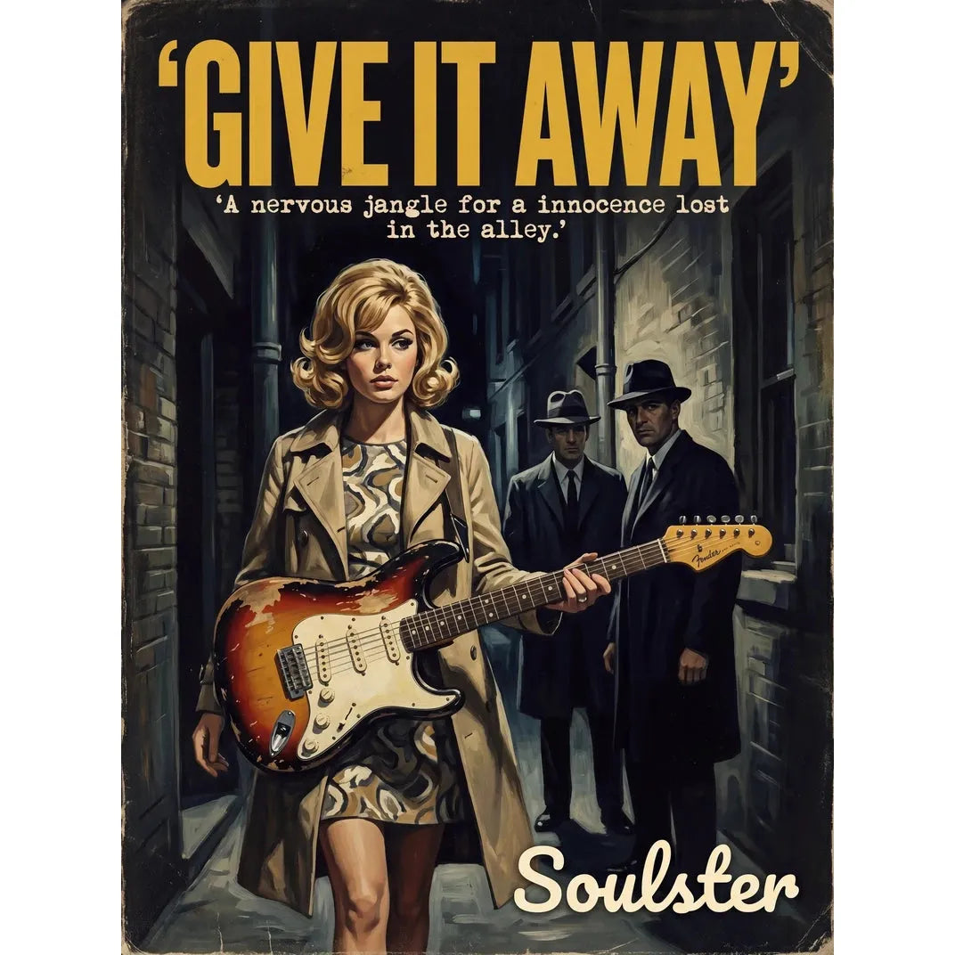 Soulster cinematic vintage pulp book cover art print illustration styled in a classic 1960s design layout inspired by Give It Away.