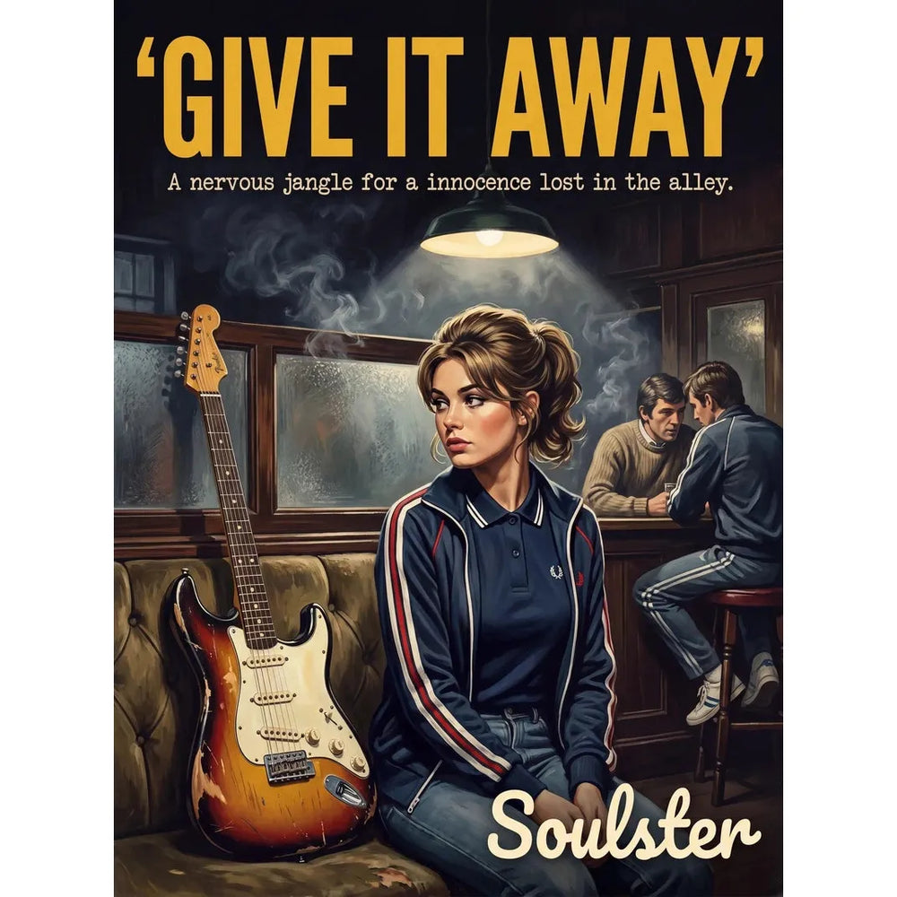 Soulster retro pulp thriller book cover style art print illustration inspired by Alternative Indie - Give It Away.