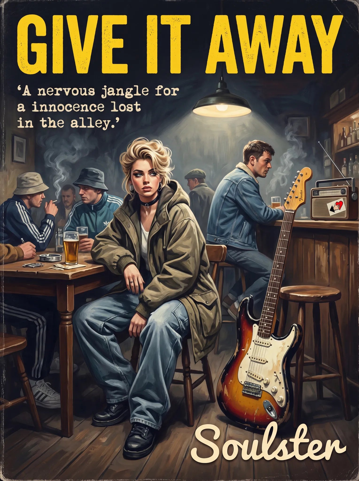 Soulster cinematic vintage pulp book cover art print illustration styled in a classic 1990s design layout inspired by Give It Away.