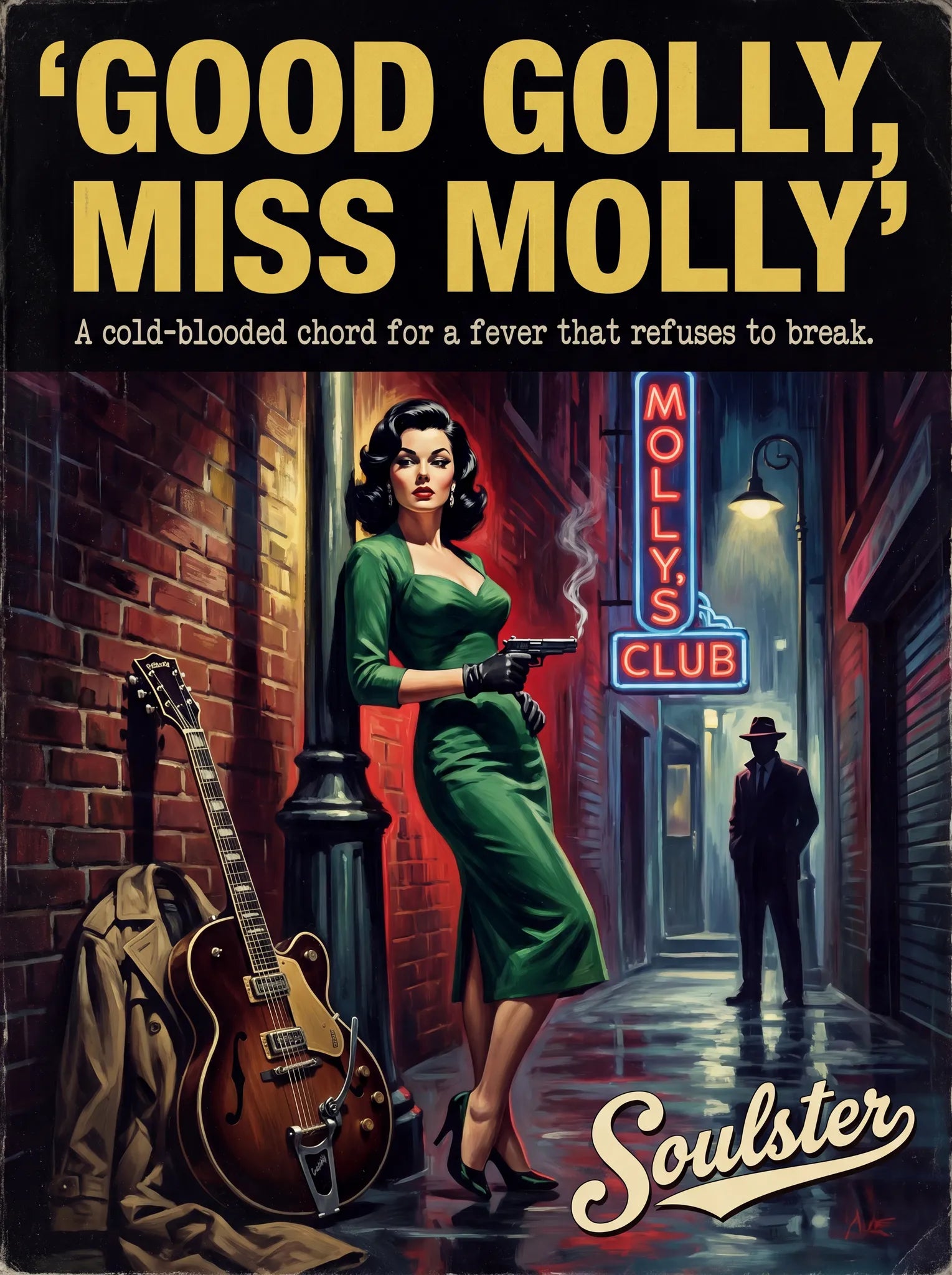 Soulster cinematic vintage pulp book cover art print illustration styled in a classic 1950s theme inspired by Good Golly, Miss Molly.