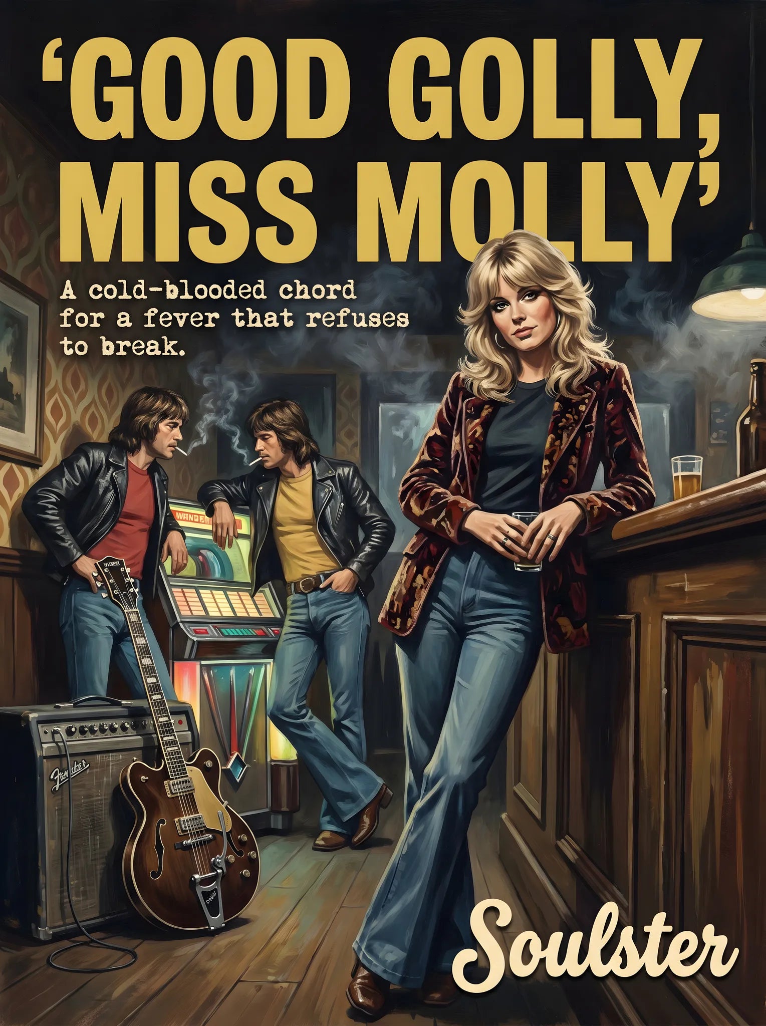 Soulster cinematic vintage pulp book cover art print illustration styled in a classic 1970s theme inspired by Good Golly, Miss Molly.