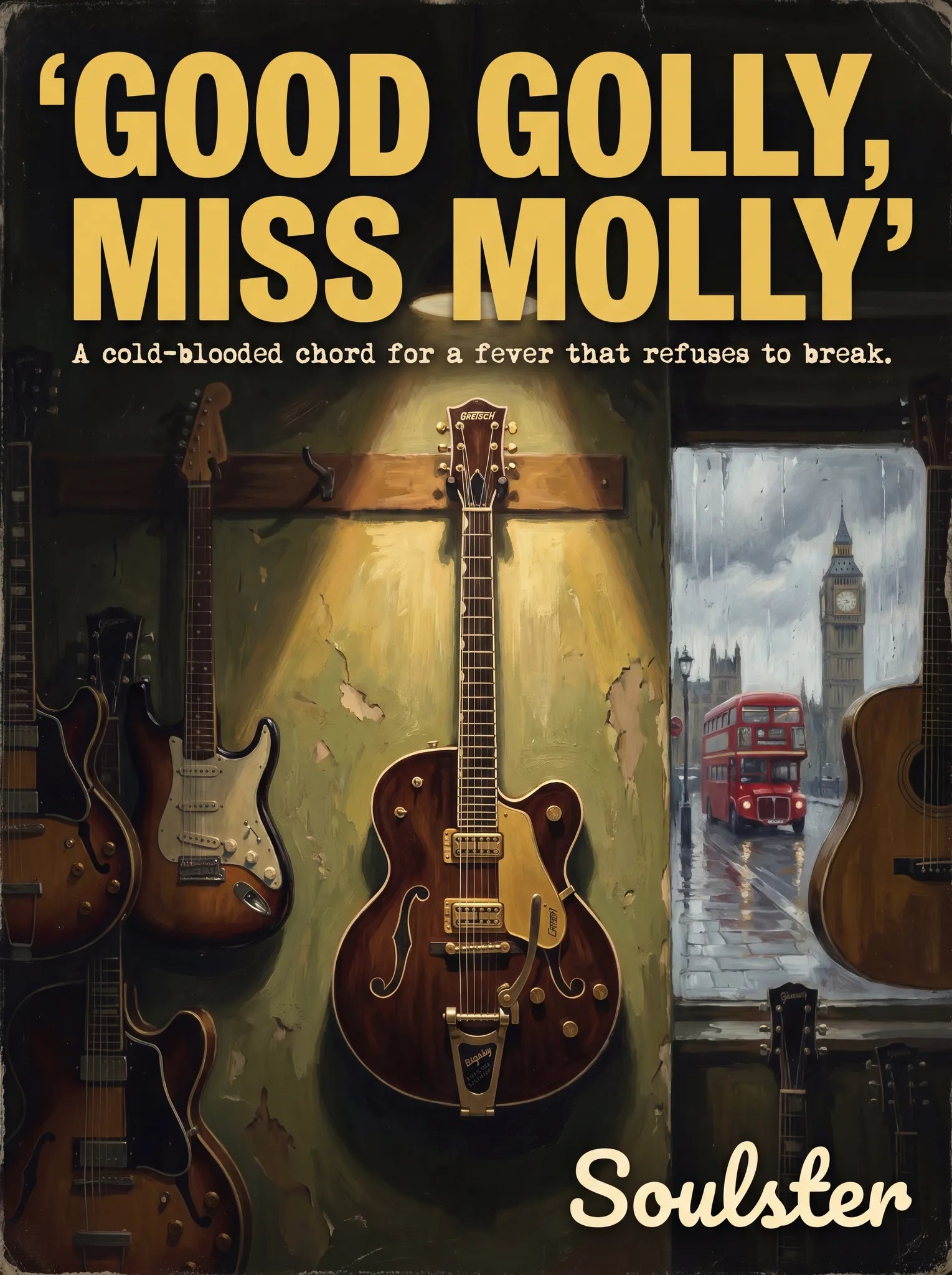 Soulster Manchester Edition wall art print showing a cinematic pulp style design of a Vintage Guitar inspired by Good Golly, Miss Molly - London.