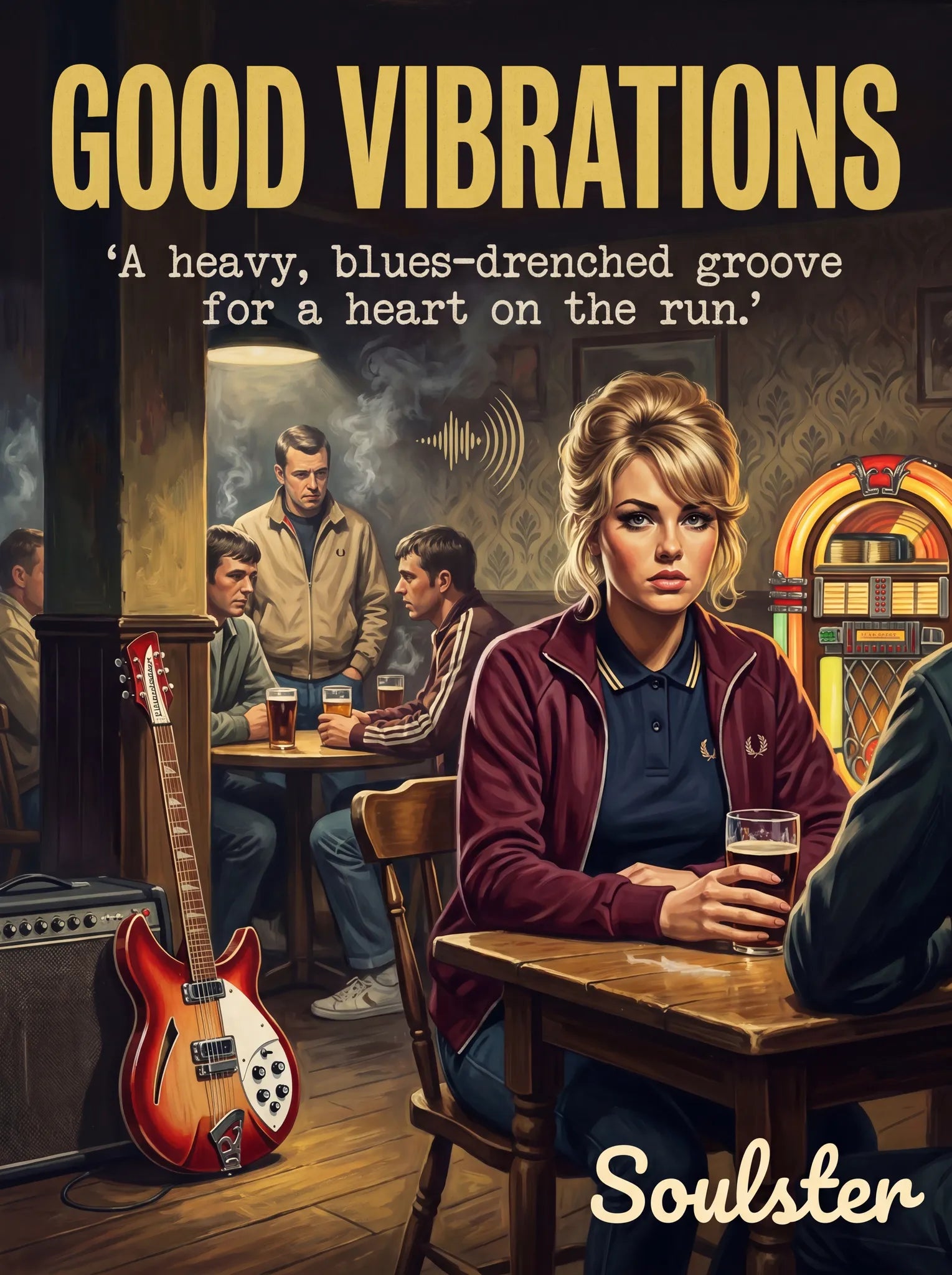 Soulster retro pulp thriller book cover style art print illustration inspired by Alternative Indie - Good Vibrations.