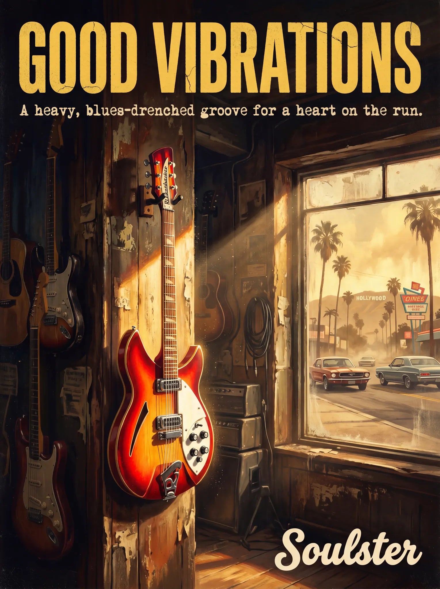Soulster Manchester Edition wall art print showing a cinematic pulp style design of a Rickenbacker 330 inspired by Good Vibrations - Los Angeles.