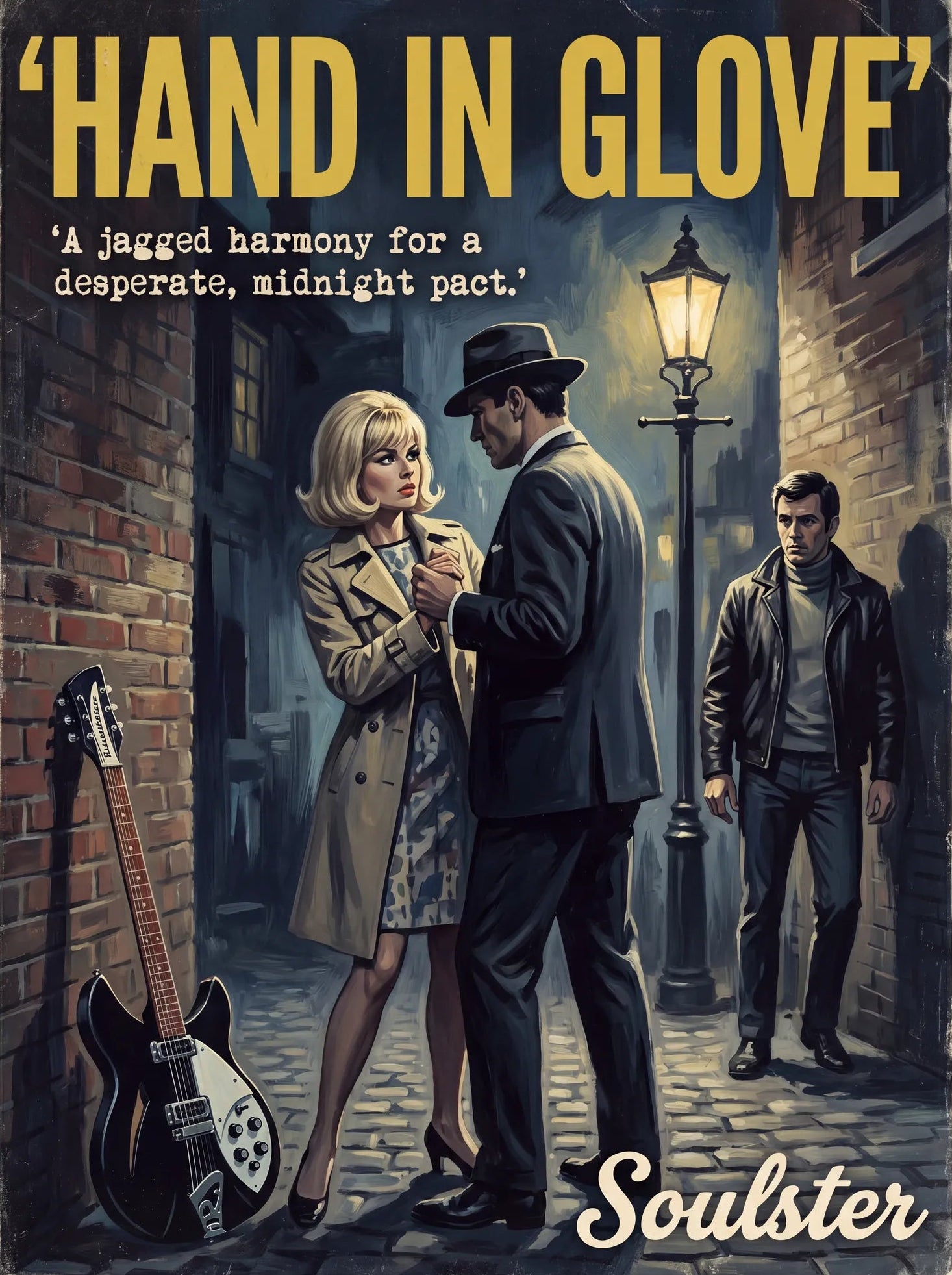 Soulster cinematic vintage pulp book cover art print illustration styled in a classic 1960s design layout inspired by Hand In Glove.