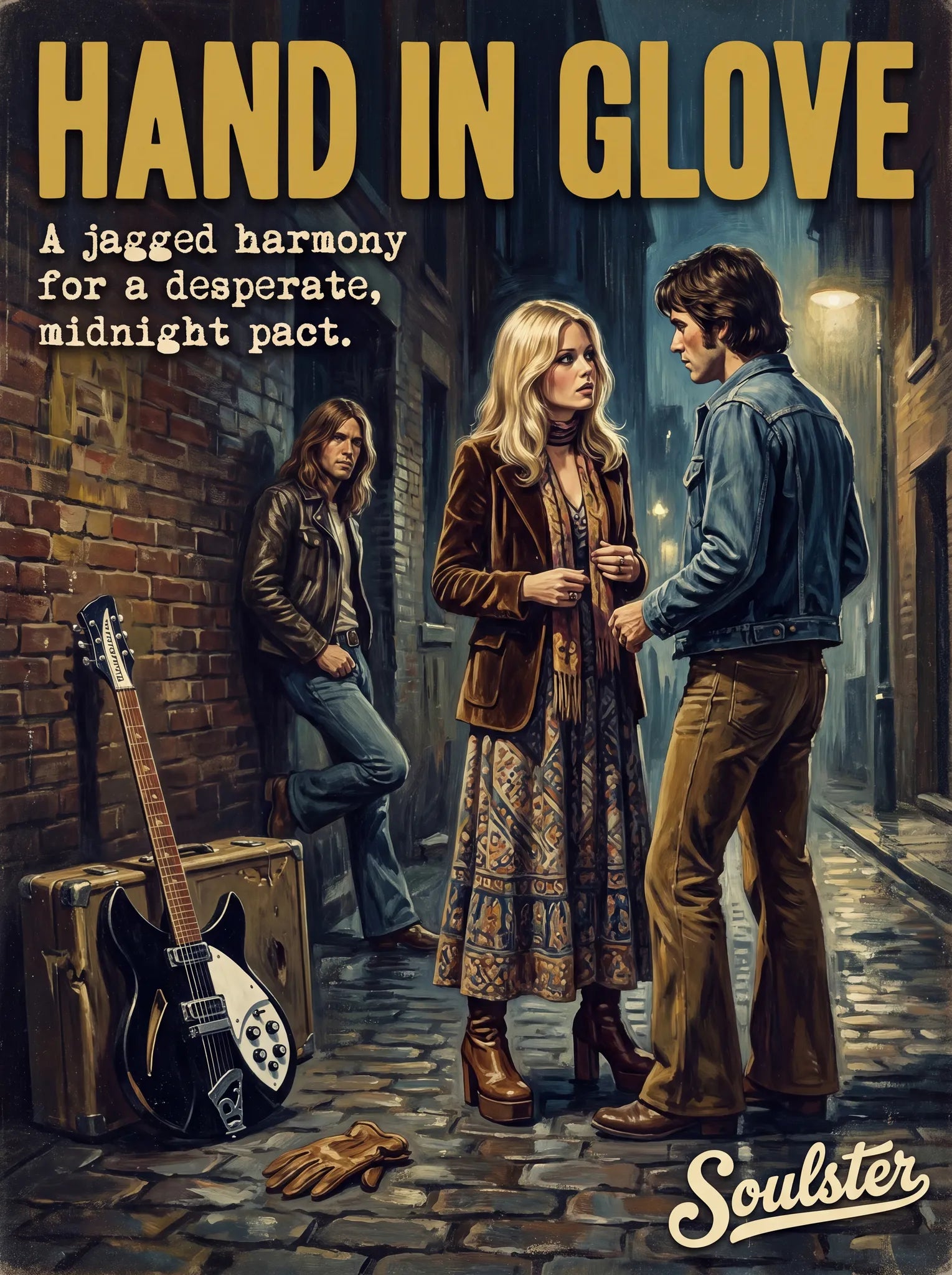 Soulster cinematic vintage pulp book cover art print illustration styled in a classic 1970s design layout inspired by Hand In Glove.