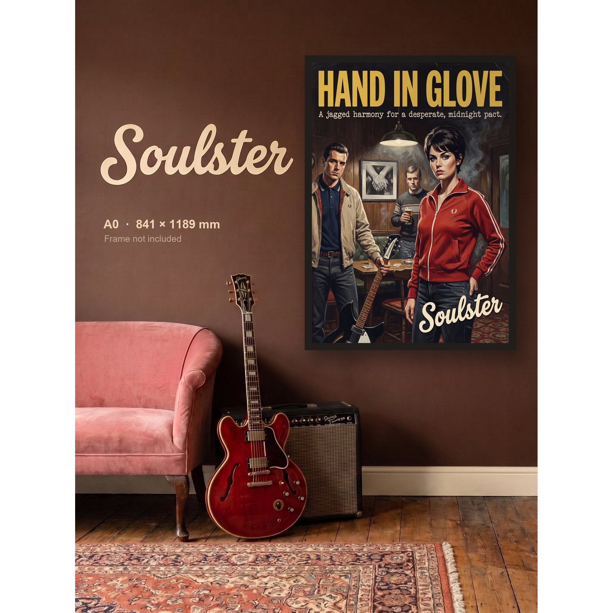 Hand In Glove - 1980s Print shown framed on a wall in A0 size. Frame not included.